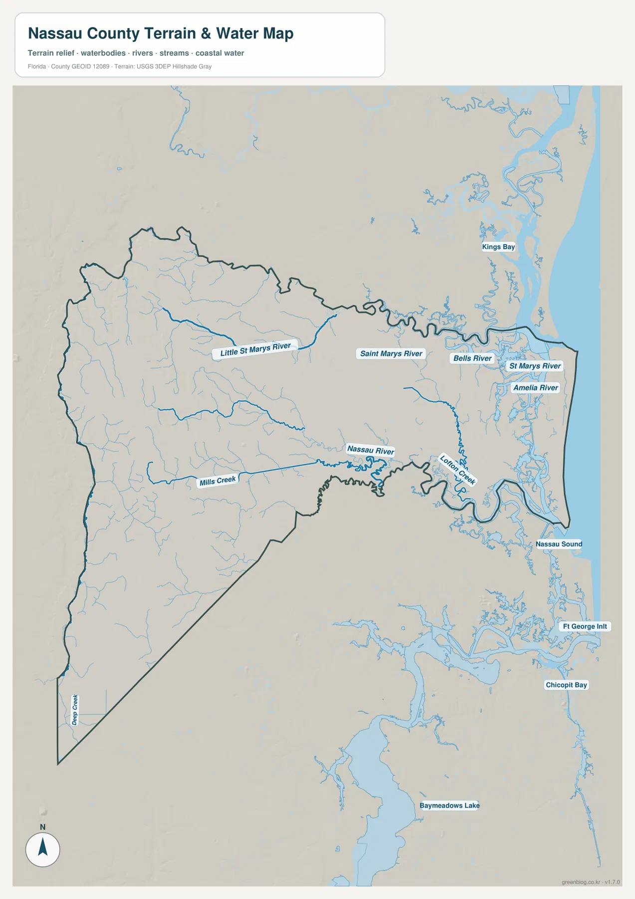 Nassau County water map showing St. Marys River, Nassau River, Amelia River, Nassau Sound, and tidal waterways