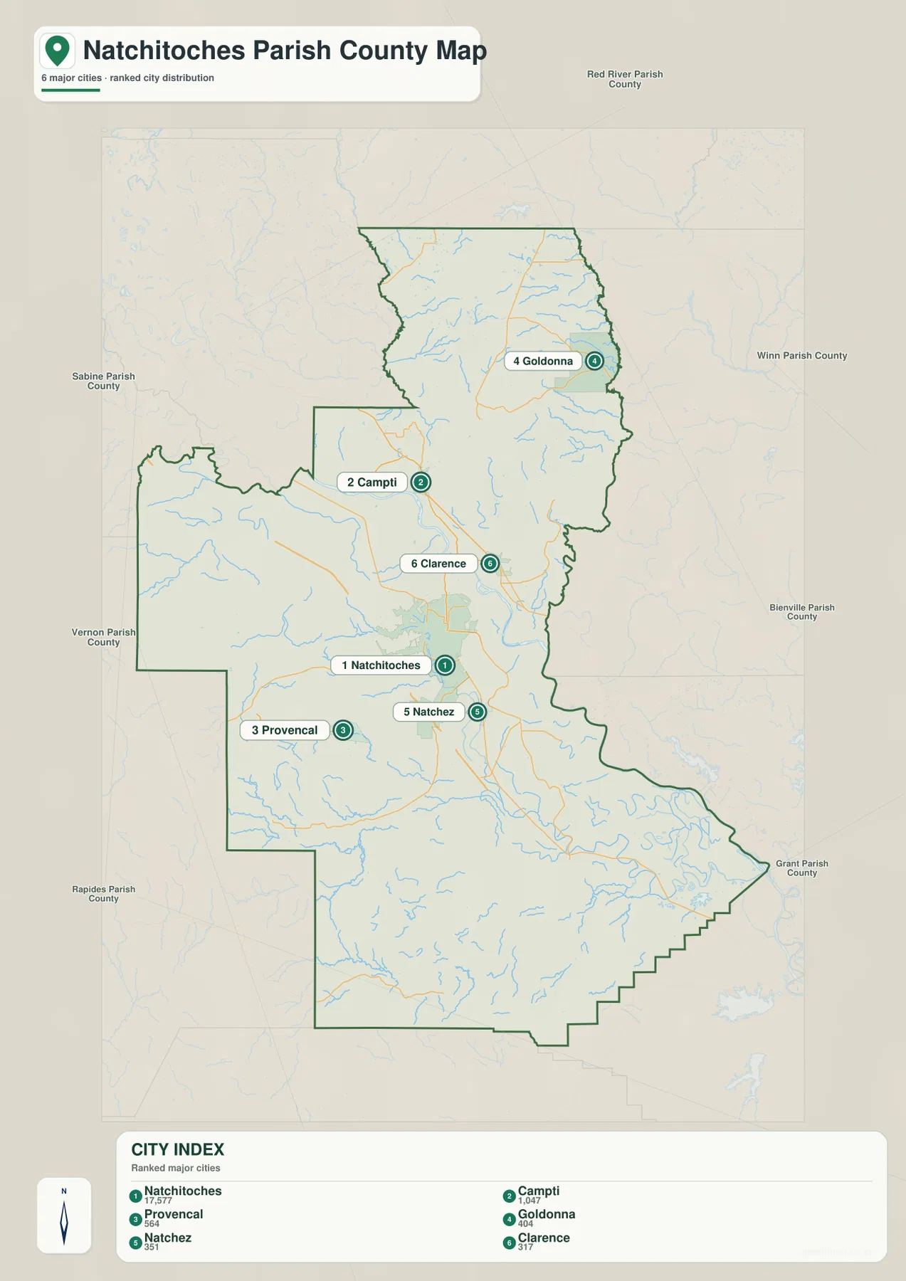 Natchitoches Parish ranked city map showing Natchitoches, Campti, Provencal, Goldonna, Natchez, and Clarence