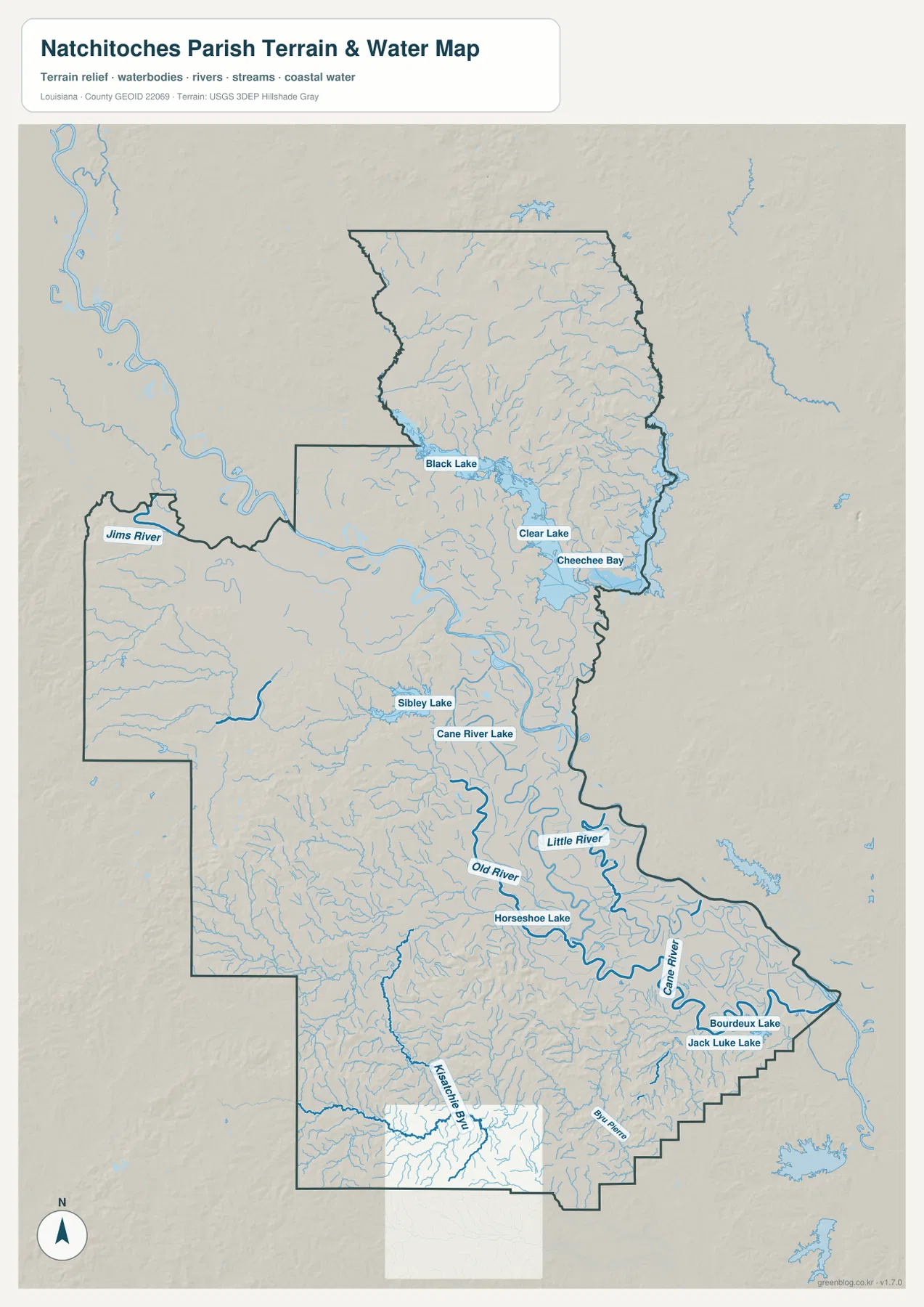Natchitoches Parish water map showing Black Lake, Clear Lake, Cane River Lake, Old River, Little River, Cane River, and Kisatchie Bayou