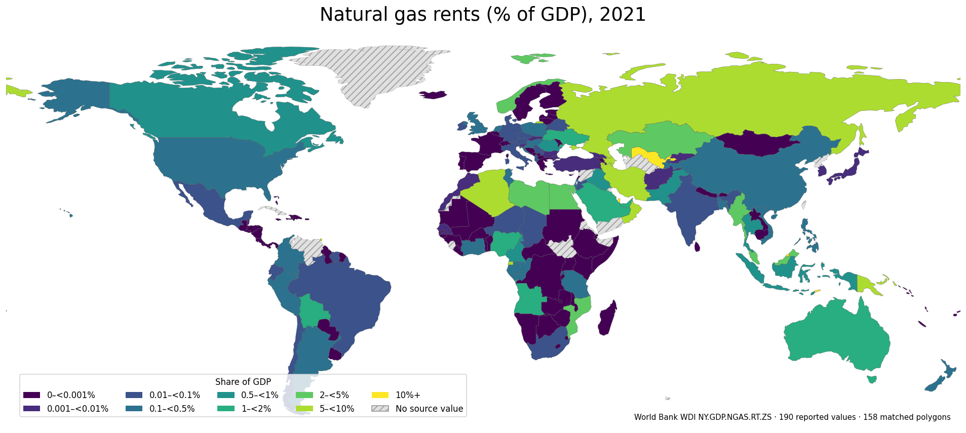World map of natural gas rents as a share of GDP in 2021