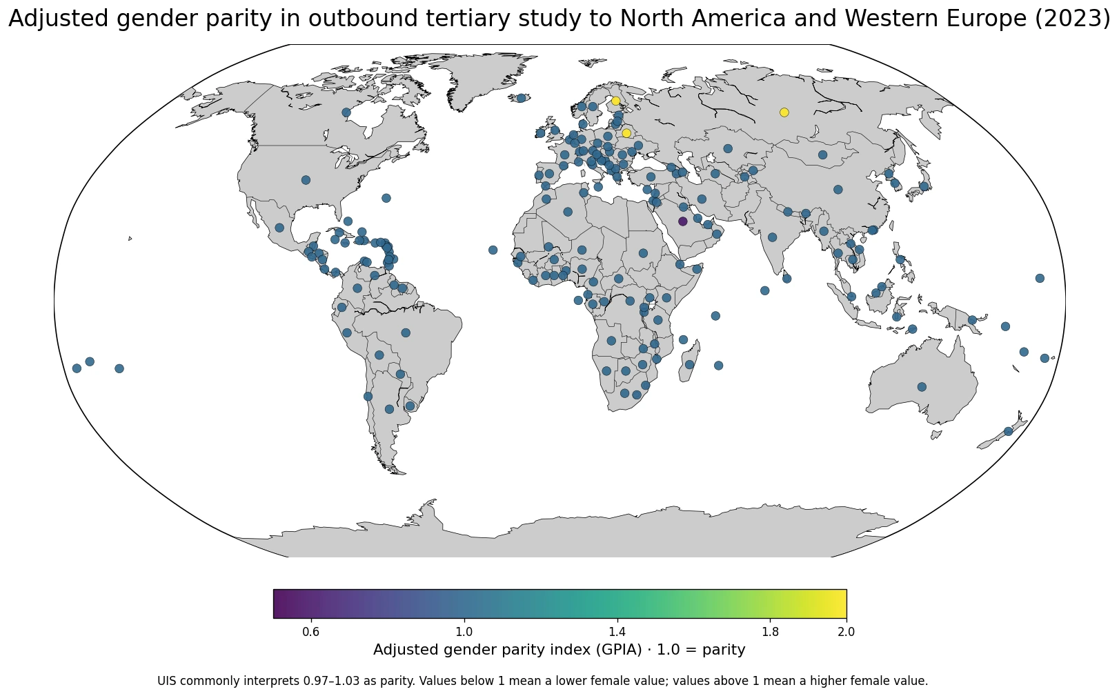 Map of the 2023 adjusted gender parity index for outbound tertiary students studying in North America and Western Europe