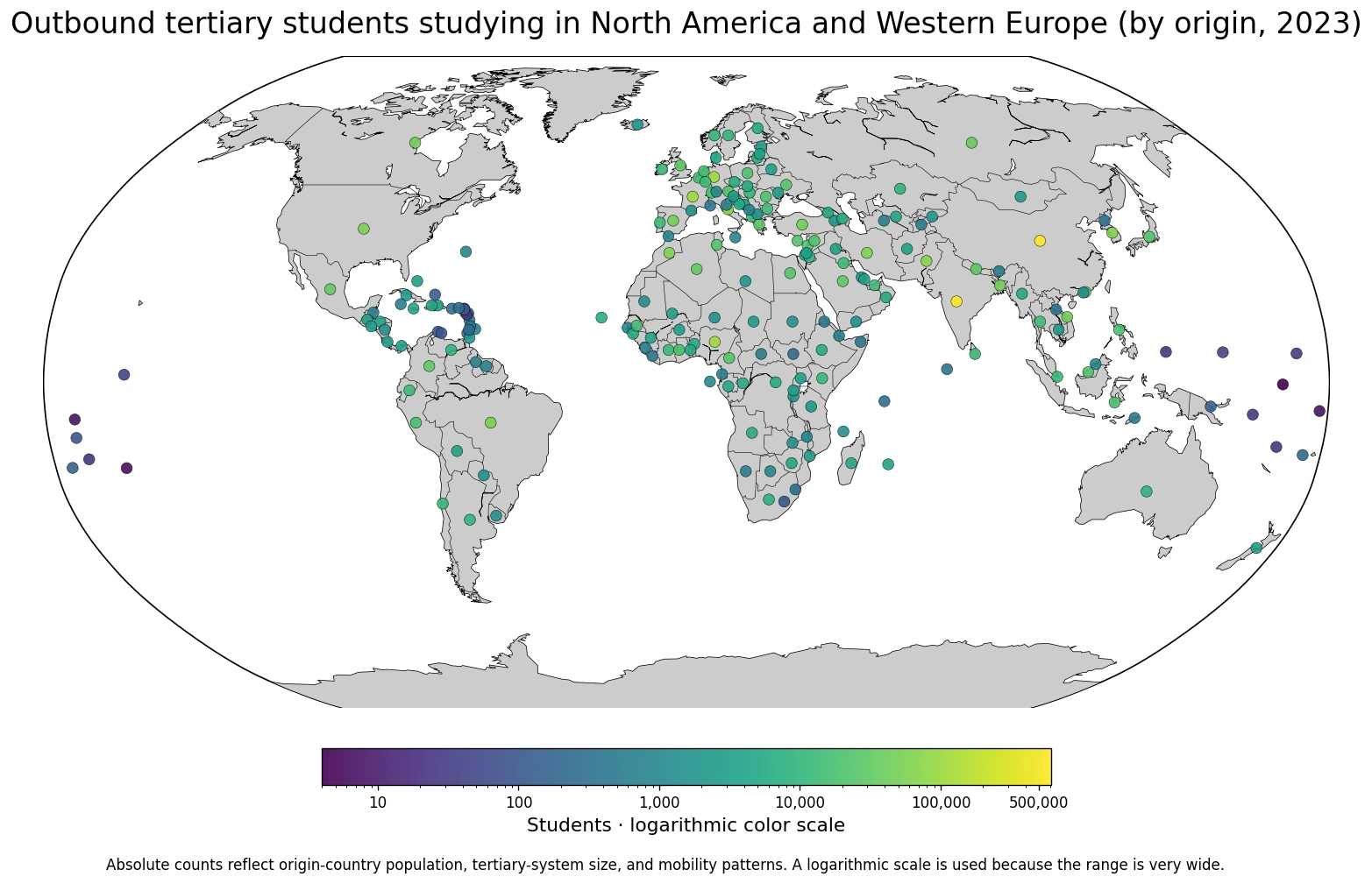 Map of outbound internationally mobile tertiary students studying in North America and Western Europe by origin country in 2023