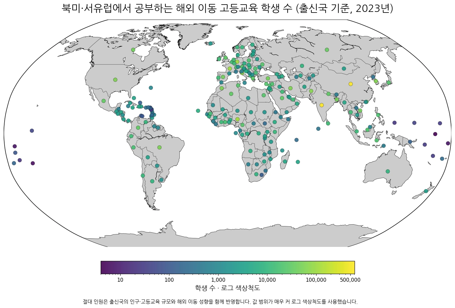 북미·서유럽으로 유학 간 고등교육 학생, 어느 나라 출신이 많을까? (2023년)