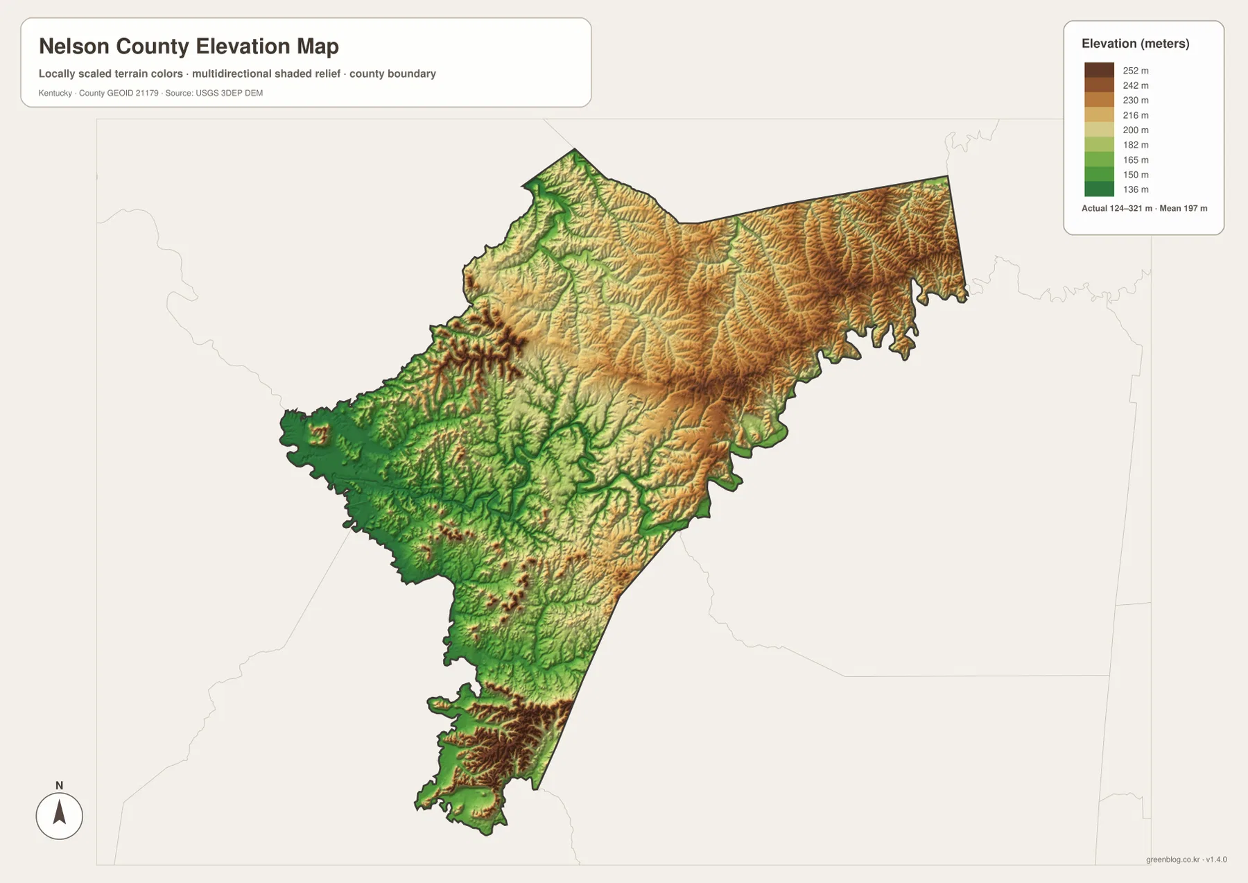 Nelson County elevation map showing the 124 to 321 meter range, low western terrain, and higher northeastern and southern ridges