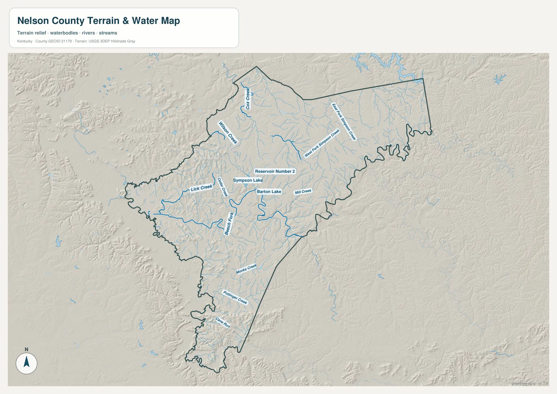 Nelson County terrain and water map showing Beech Fork, Wilson Creek, Lick Creek, Cox Creek, Simpson Creek forks, Monks Creek, Pottinger Creek, Cane Run, and small lakes