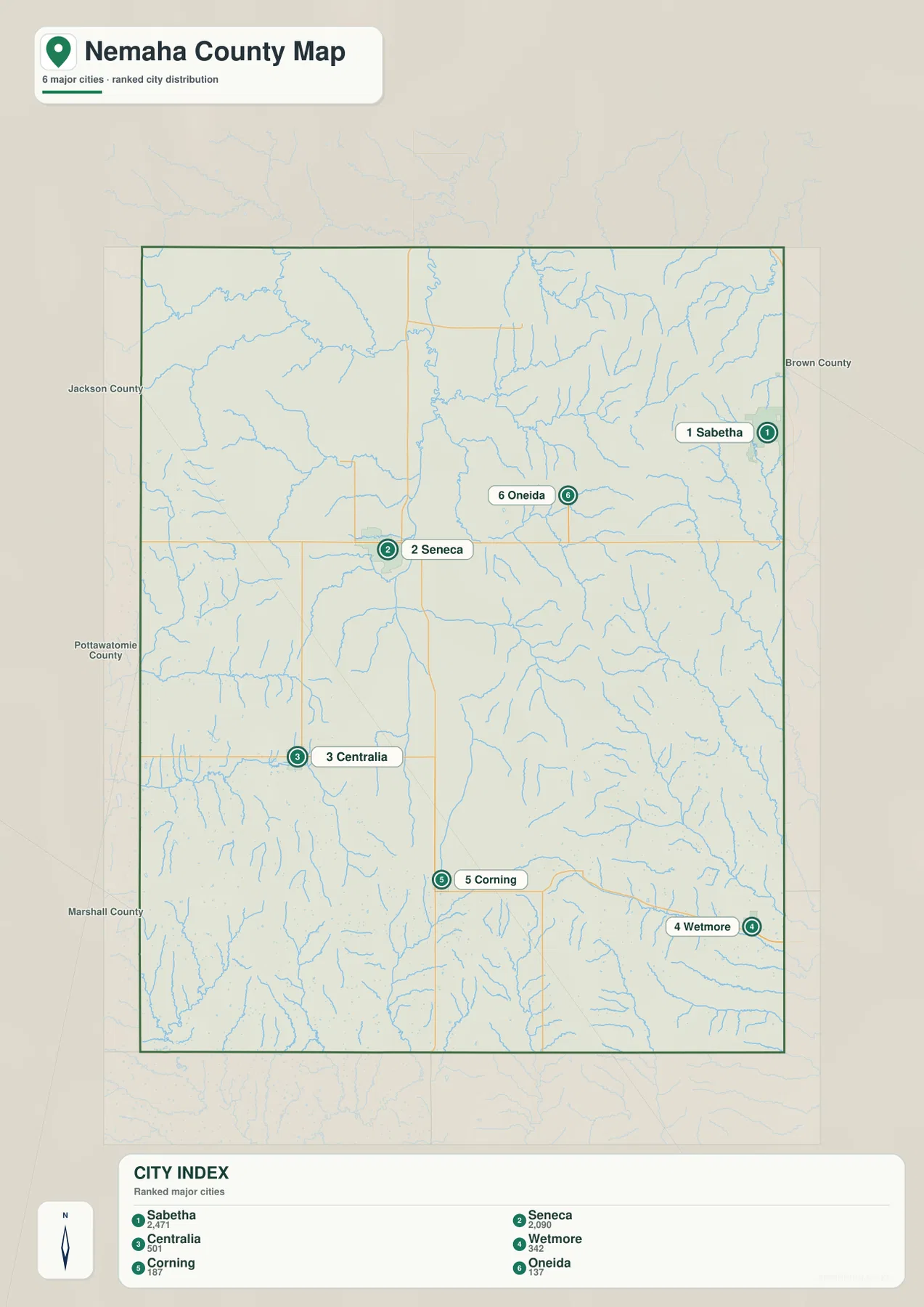 Nemaha County Kansas city map of Sabetha, Seneca, Centralia, Wetmore, Corning and Oneida