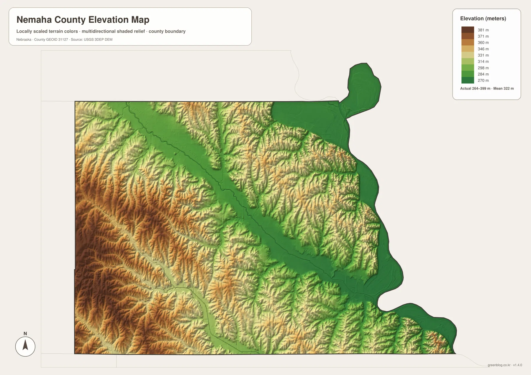 Nemaha County elevation map showing higher western uplands and lower Little Nemaha and Missouri River valleys