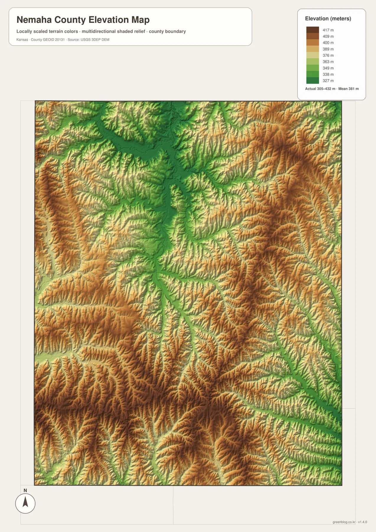 Nemaha County Kansas elevation map showing 305 to 432 meter relief, South Fork Big Nemaha valley and eastern uplands