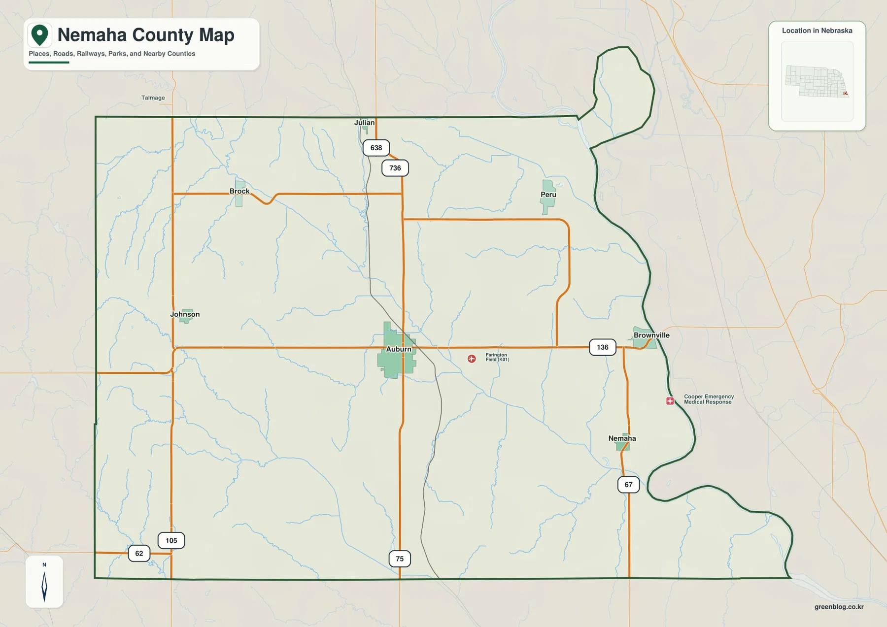 Nemaha County Nebraska map showing Auburn, Peru, Brownville, Nemaha, major roads, and the Missouri River boundary