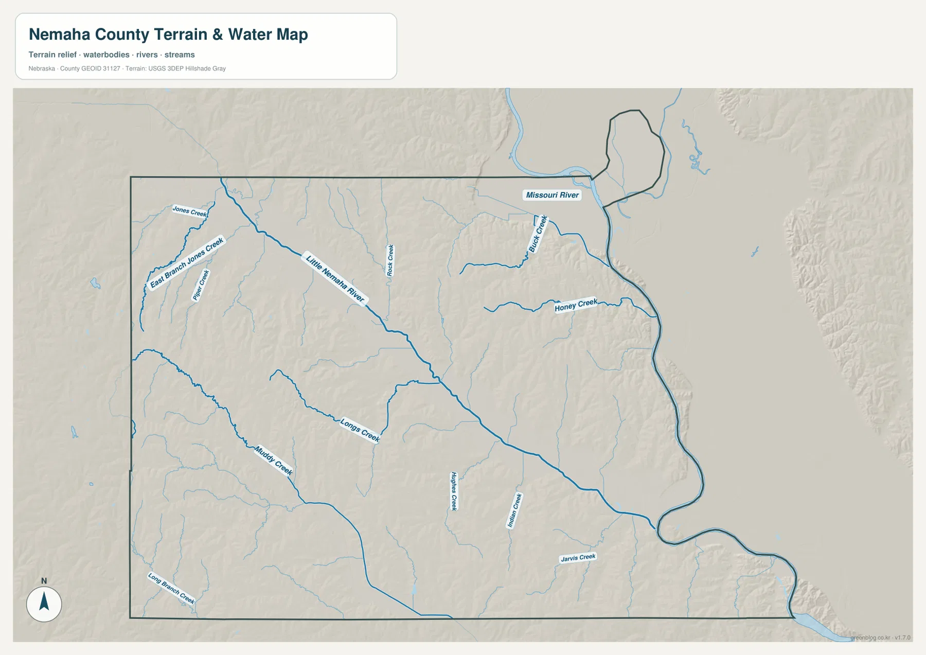 Nemaha County terrain and water map showing Missouri River, Little Nemaha River, Honey Creek, Buck Creek, Jones Creek, and tributaries