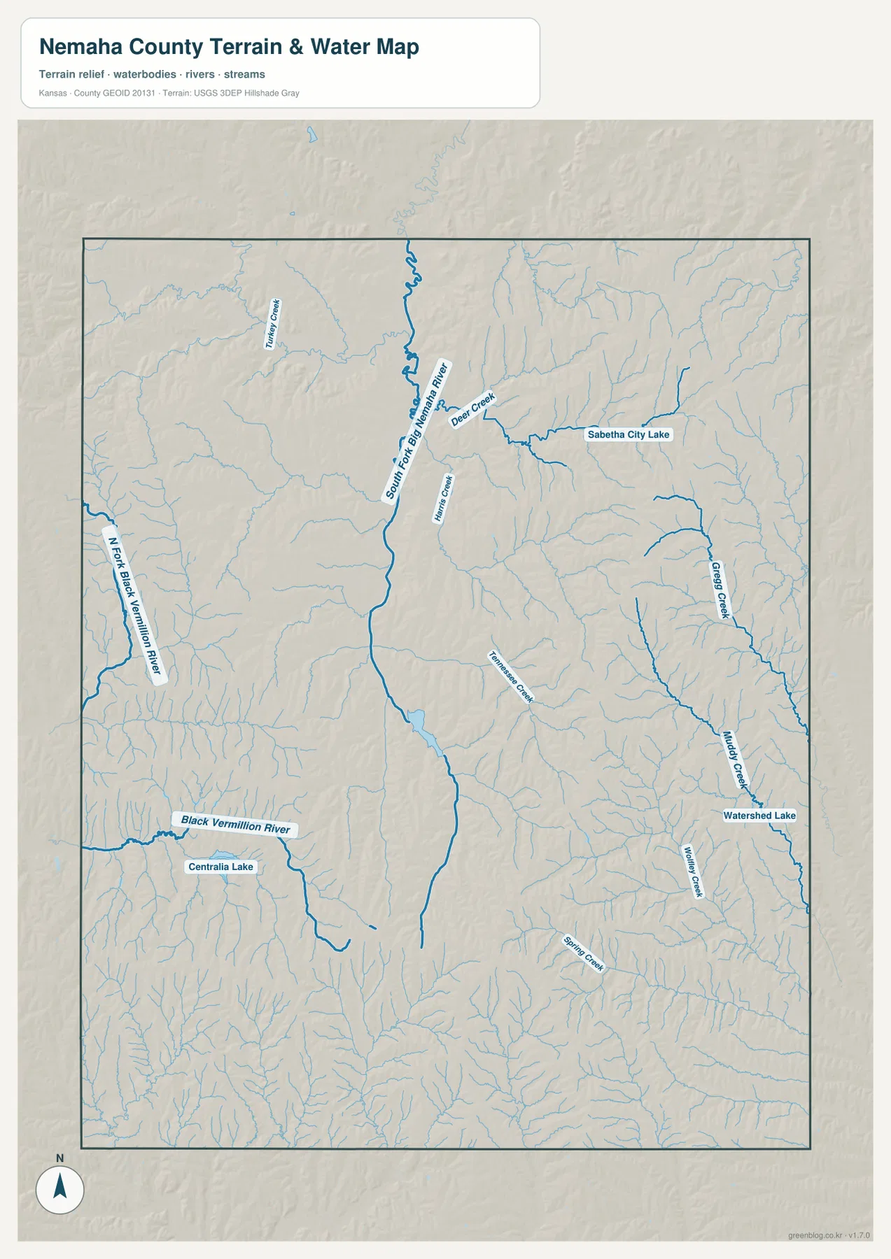 Nemaha County Kansas terrain and water map showing South Fork Big Nemaha River, Black Vermillion River, Deer Creek and Sabetha City Lake