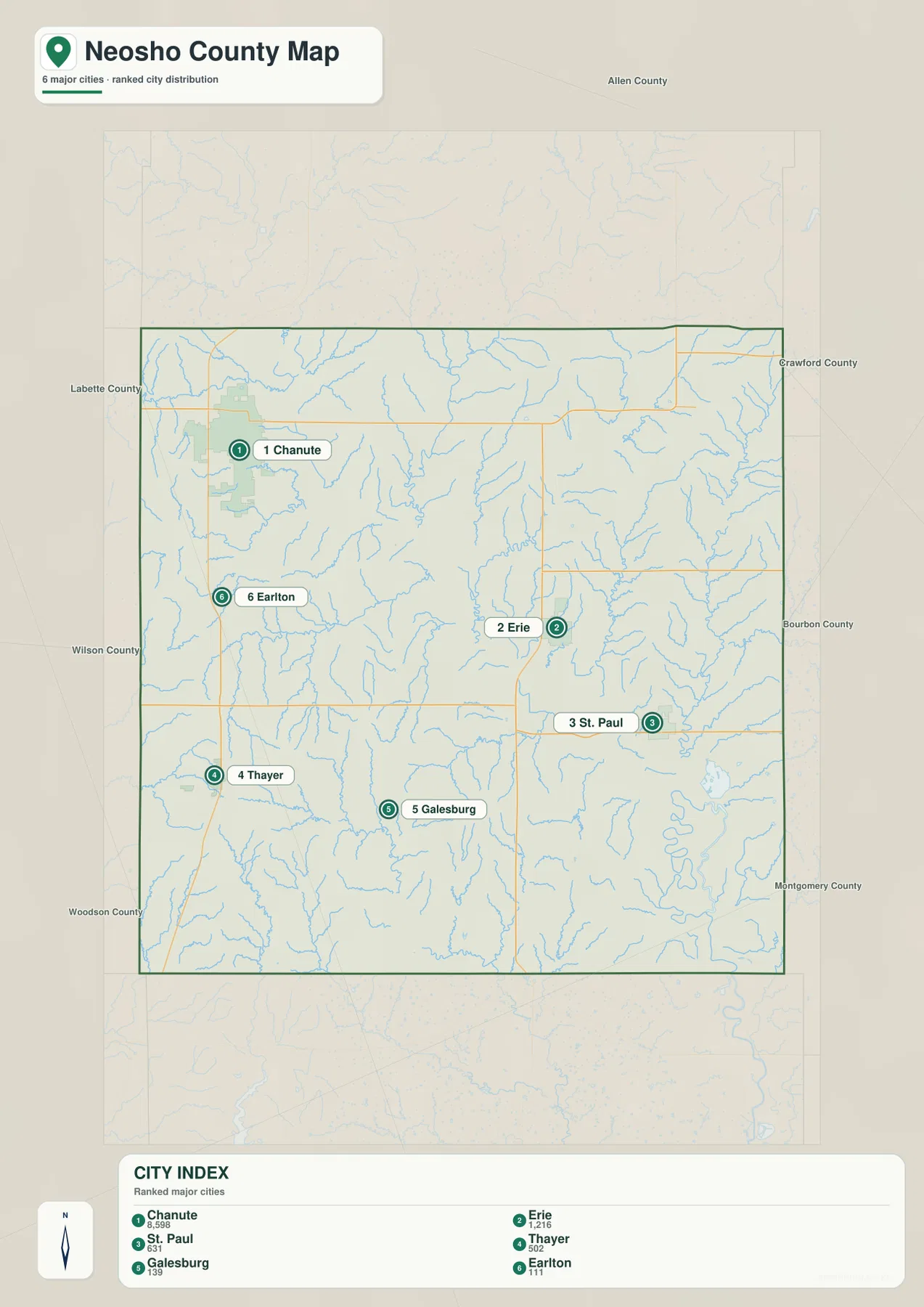 Neosho County Kansas city map of Chanute, Erie, St. Paul, Thayer, Galesburg and Earlton