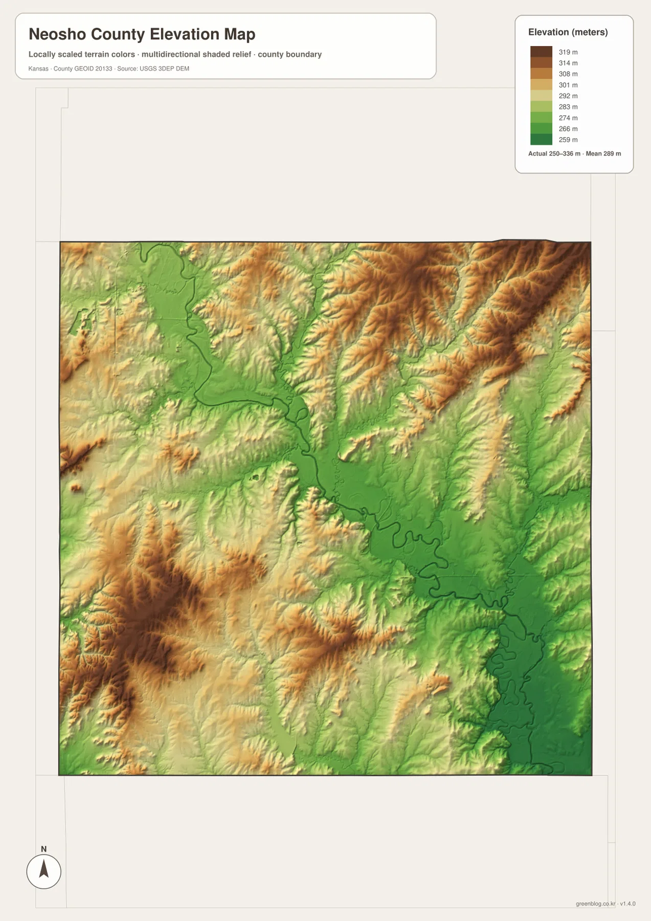 Neosho County Kansas elevation map showing 250 to 336 meter relief, Neosho River lowlands and higher northeastern and southwestern hills
