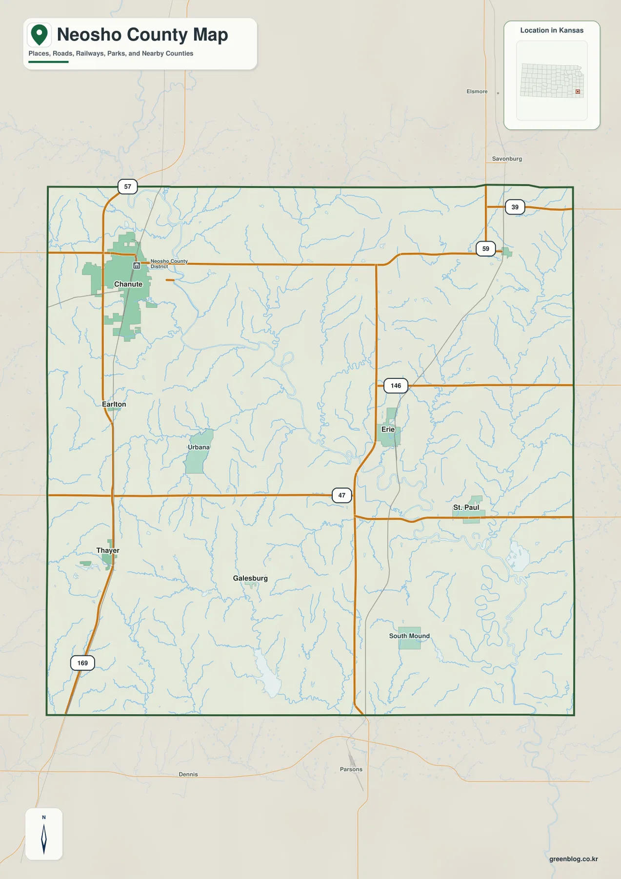 Neosho County Kansas map showing Chanute, Erie, St. Paul, Thayer, US 169, US 59 and K-146