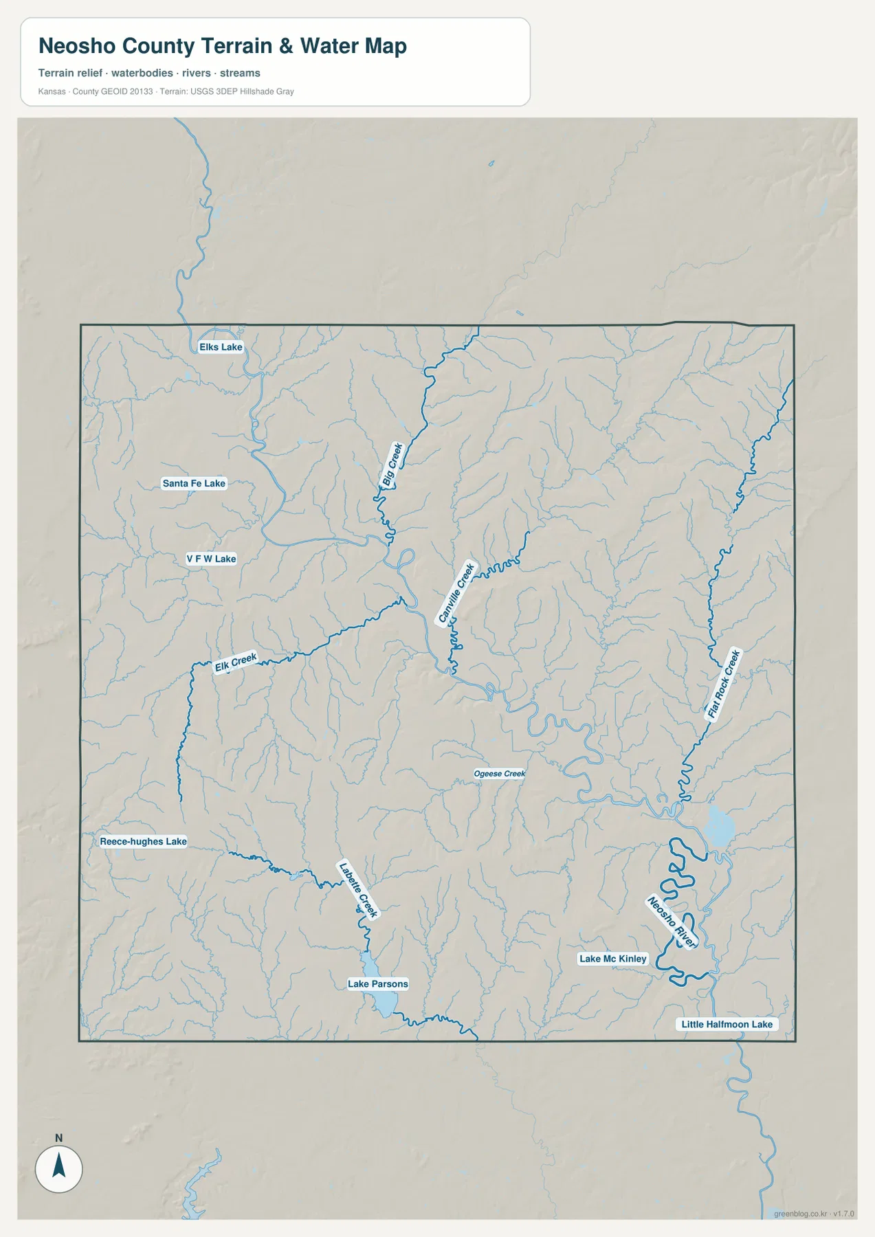 Neosho County Kansas terrain and water map showing Neosho River, Big Creek, Canville Creek, Flat Rock Creek, Elk Creek and lakes