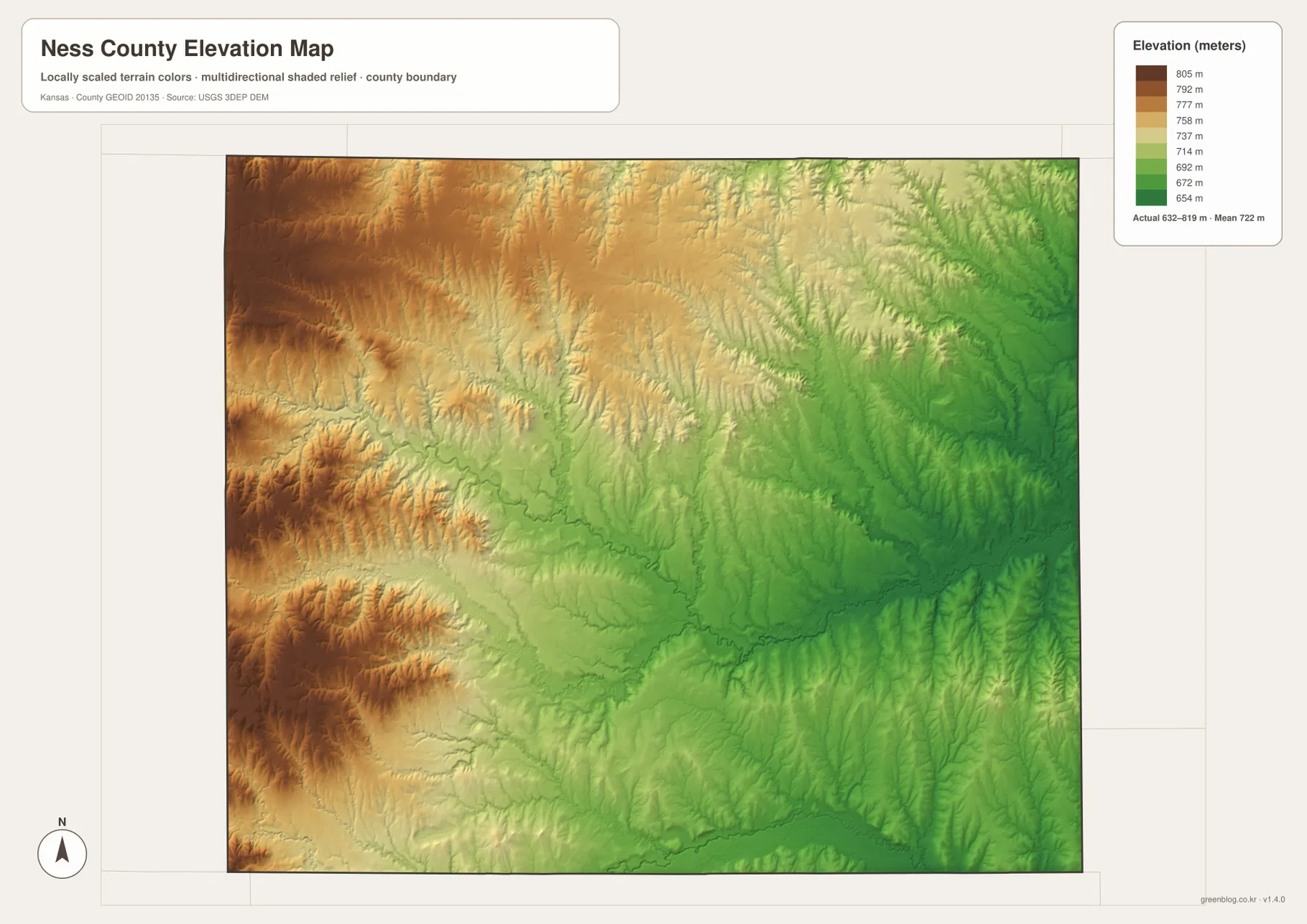 Ness County Kansas elevation map showing 632 to 819 meter High Plains terrain, western uplands and lower eastern stream valleys