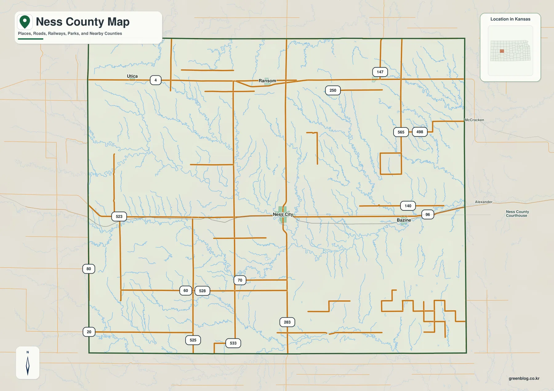 Ness County Kansas map showing Ness City, Bazine, Ransom, Utica, K-96, US 283 and K-4
