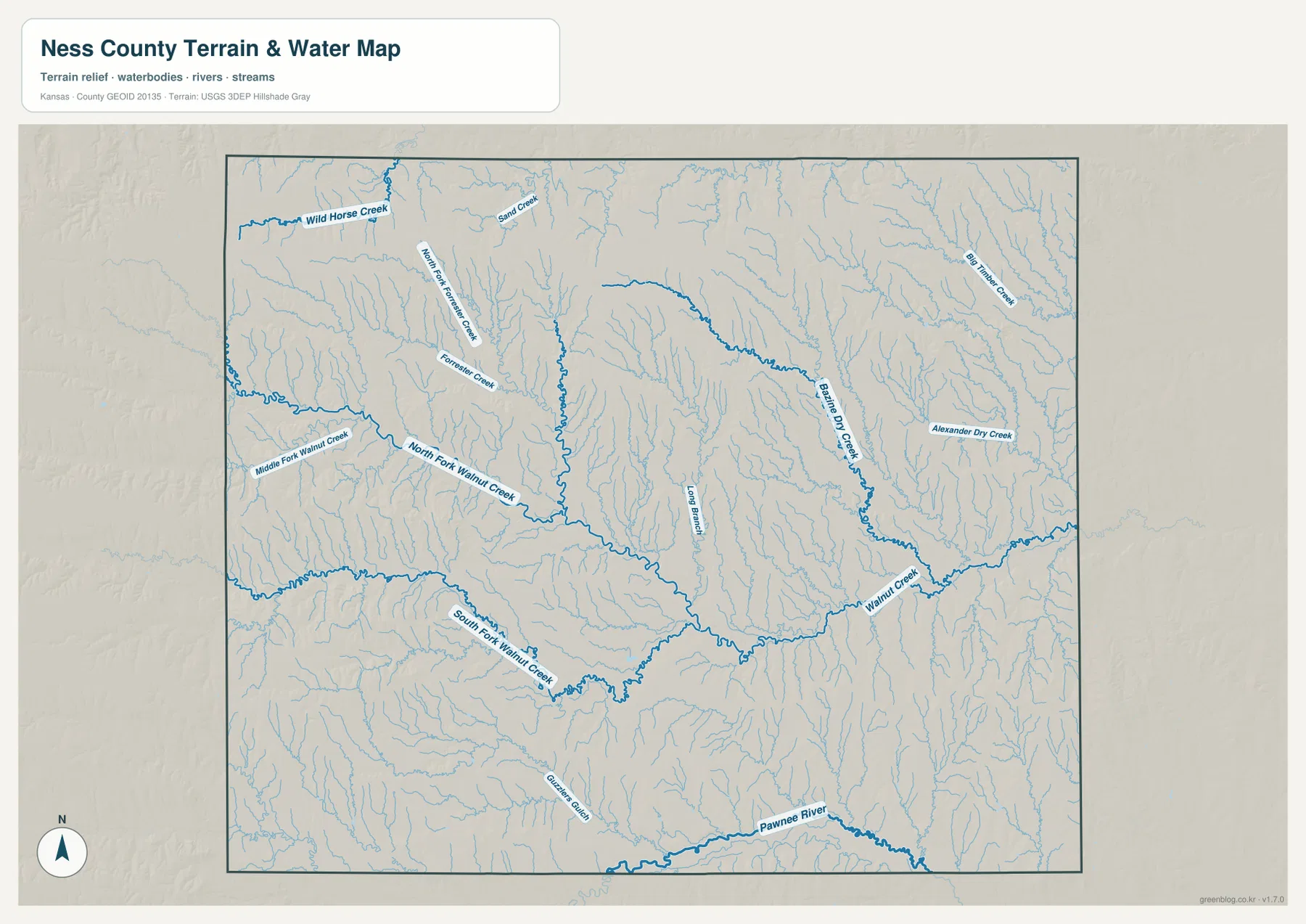 Ness County Kansas terrain and water map showing Walnut Creek, North Fork and South Fork Walnut Creek, Big Timber Creek and Pawnee River