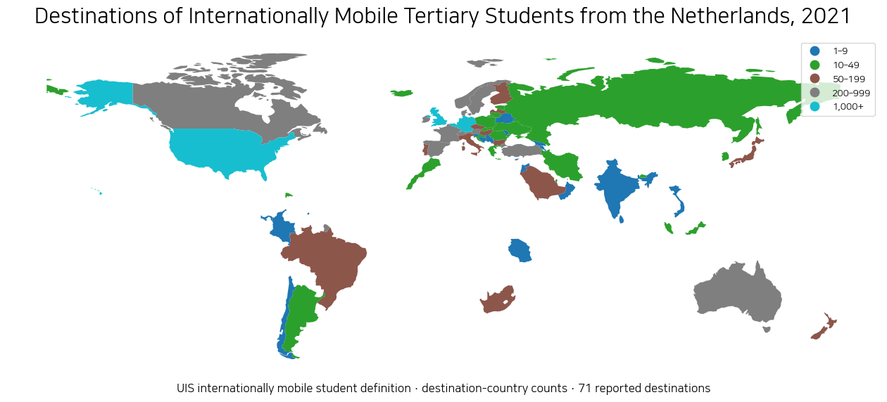 World map of destination countries for internationally mobile tertiary students from the Netherlands in 2021