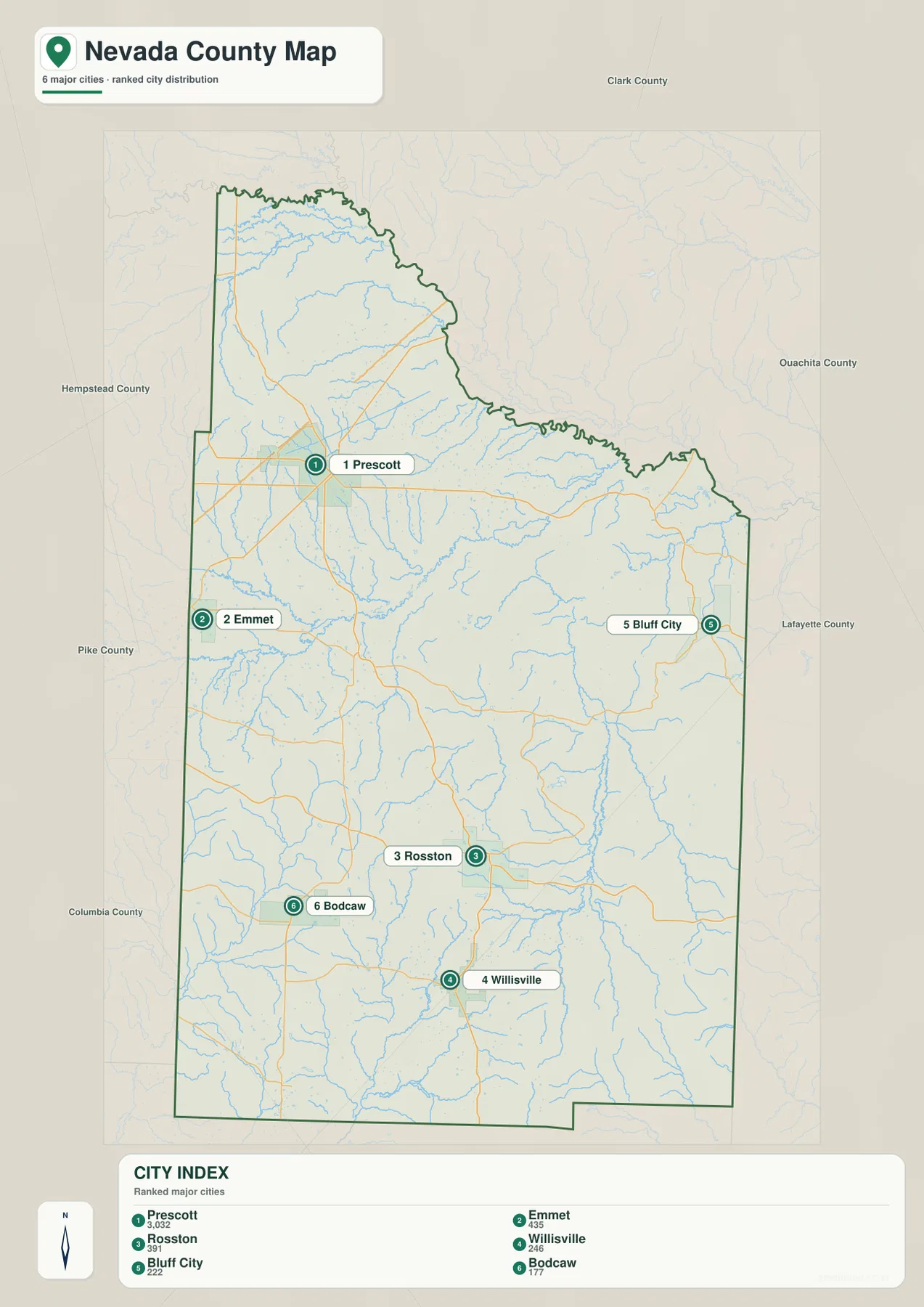 Prescott, Emmet, Rosston, Willisville, Bluff City, Bodcaw의 위치와 순위를 표시한 네바다 카운티 도시 지도
