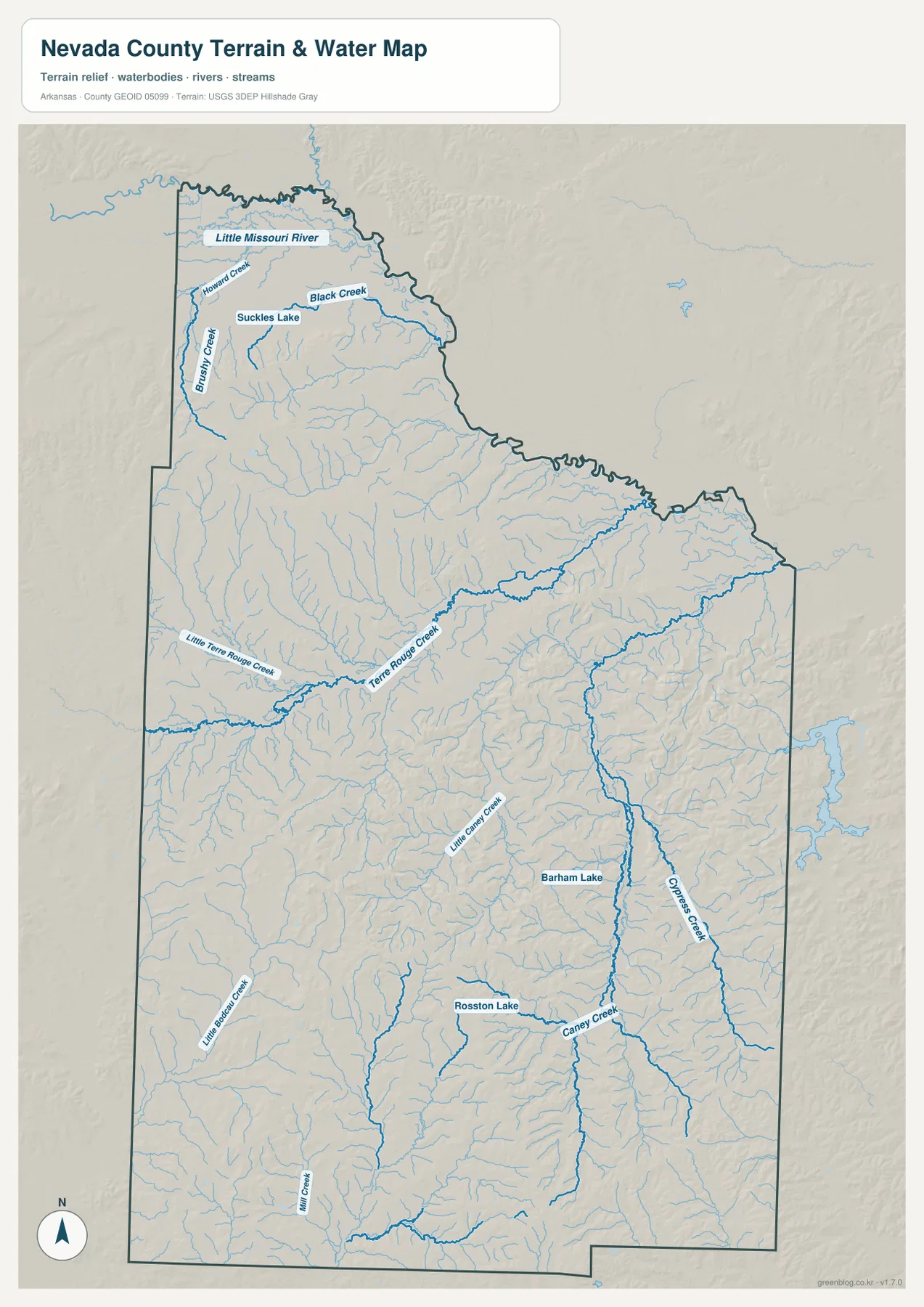 Little Missouri River, Terre Rouge Creek, Caney Creek, Cypress Creek와 여러 호수를 표시한 네바다 카운티 수역 지형 지도