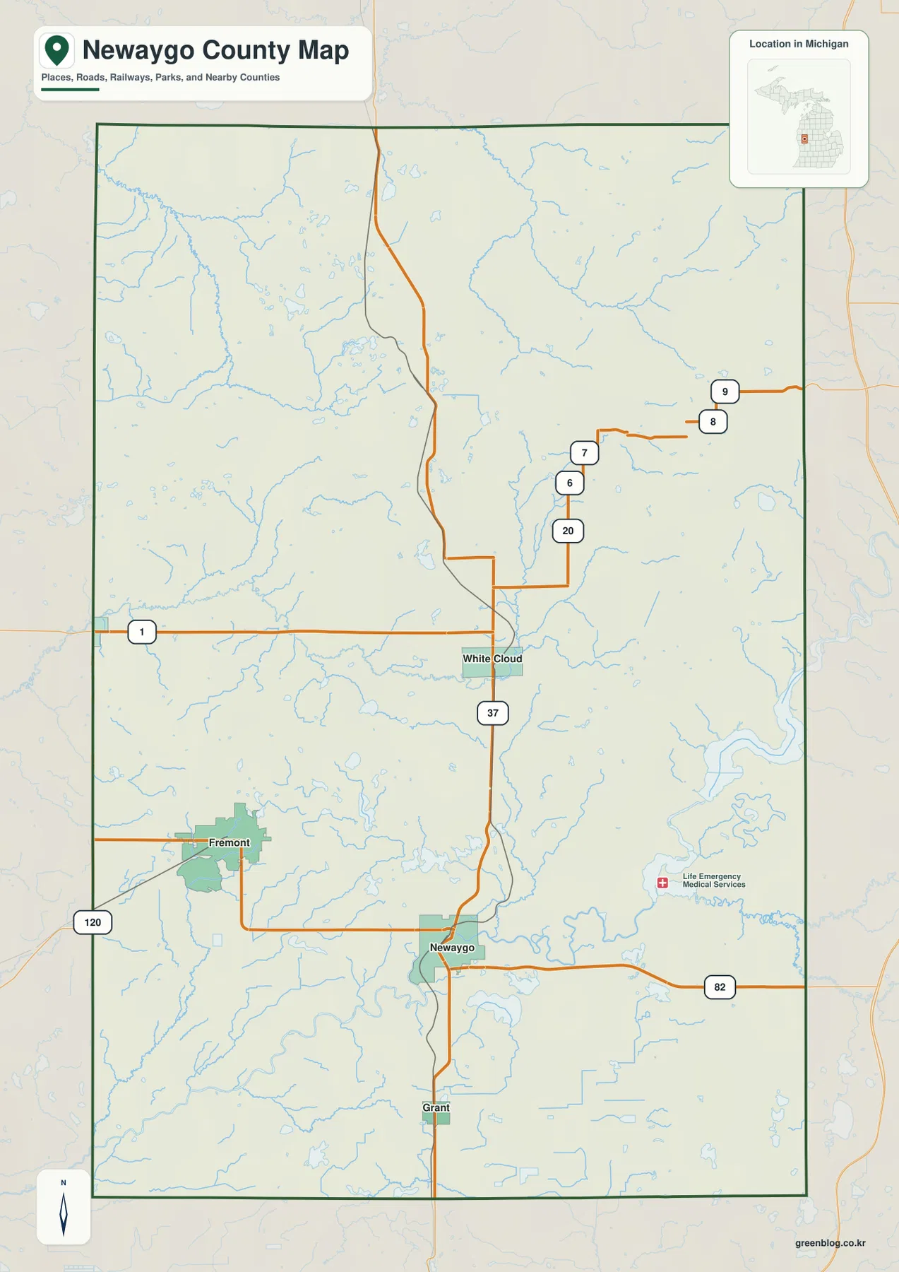 White Cloud, Fremont, Newaygo, Grant와 M-37, M-82, M-20을 표시한 Newaygo County 기본 지도