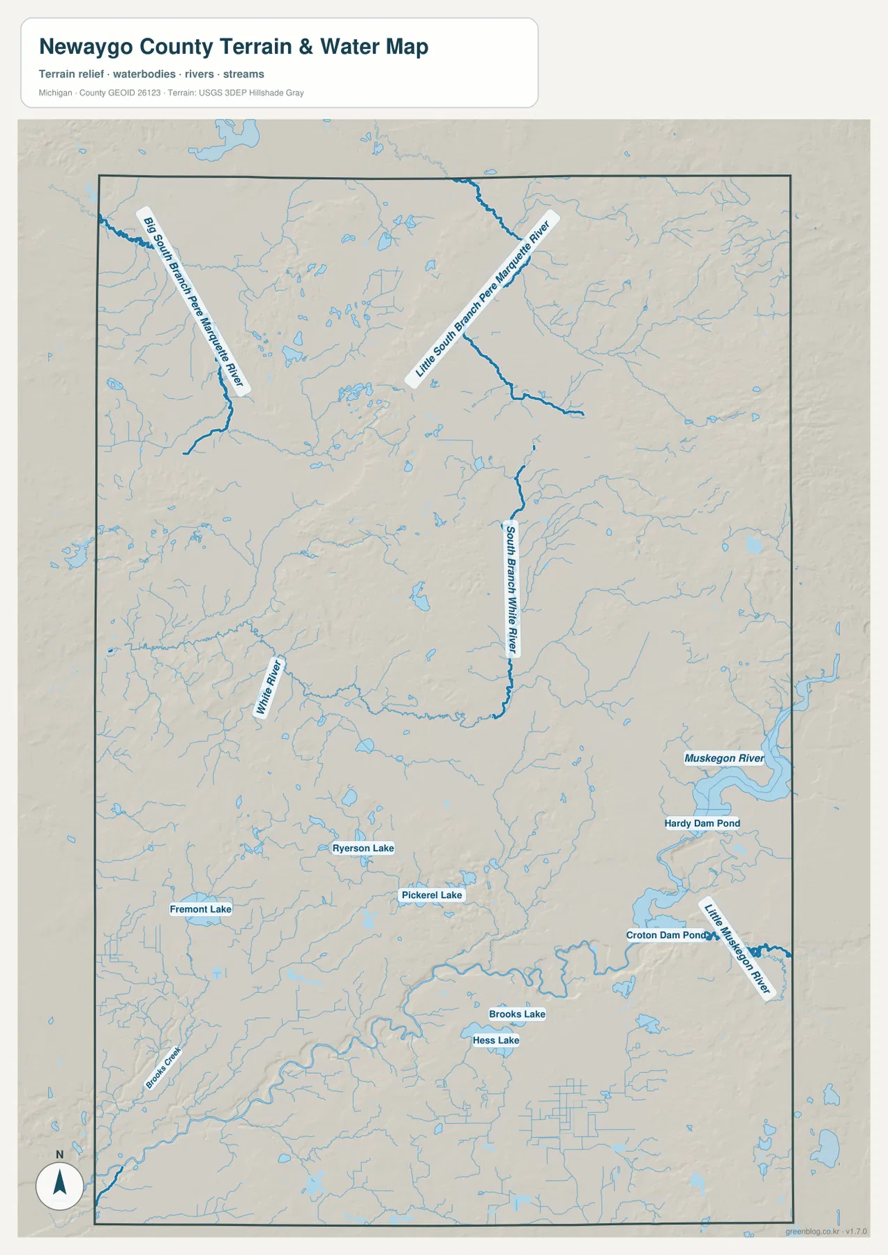 Muskegon River, Hardy Dam Pond, Croton Dam Pond, White River와 Pere Marquette River 지류를 표시한 Newaygo County 수역 지도