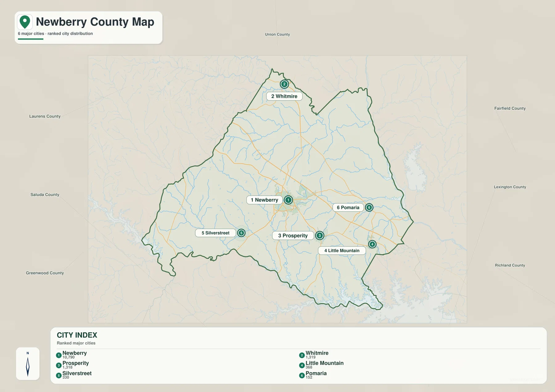 Newberry County city map showing Newberry, Whitmire, Prosperity, Little Mountain, Silverstreet, and Pomaria