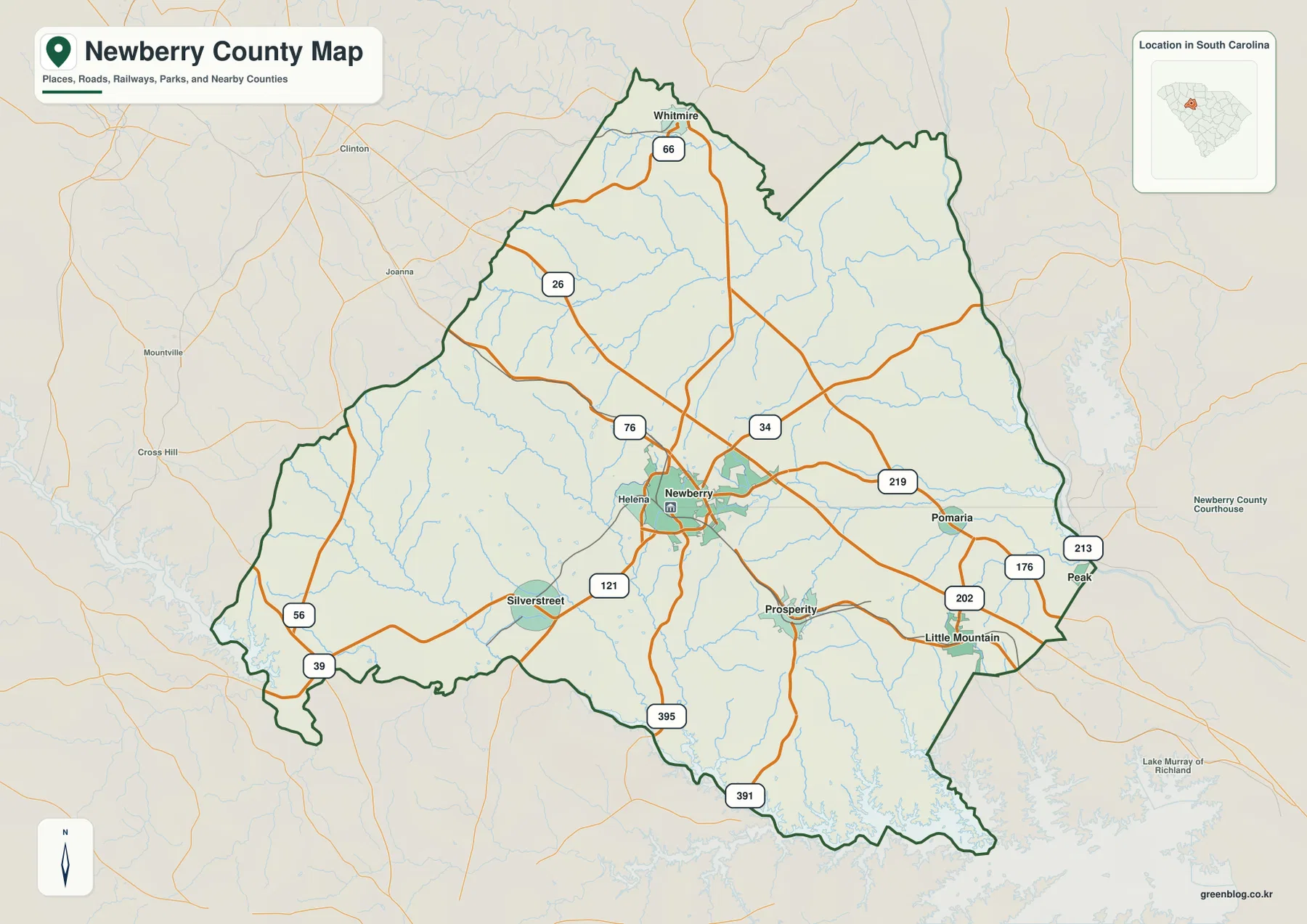 Newberry County South Carolina map showing Newberry, Whitmire, major roads, and the county boundary
