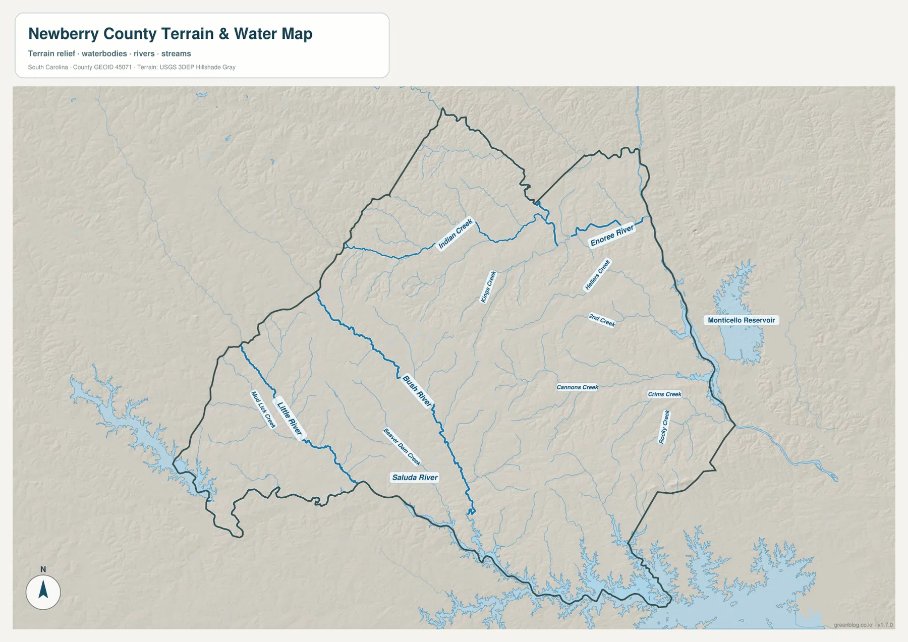 Newberry County terrain and water map with the Saluda River, Enoree River, Bush River, Little River, and major creeks