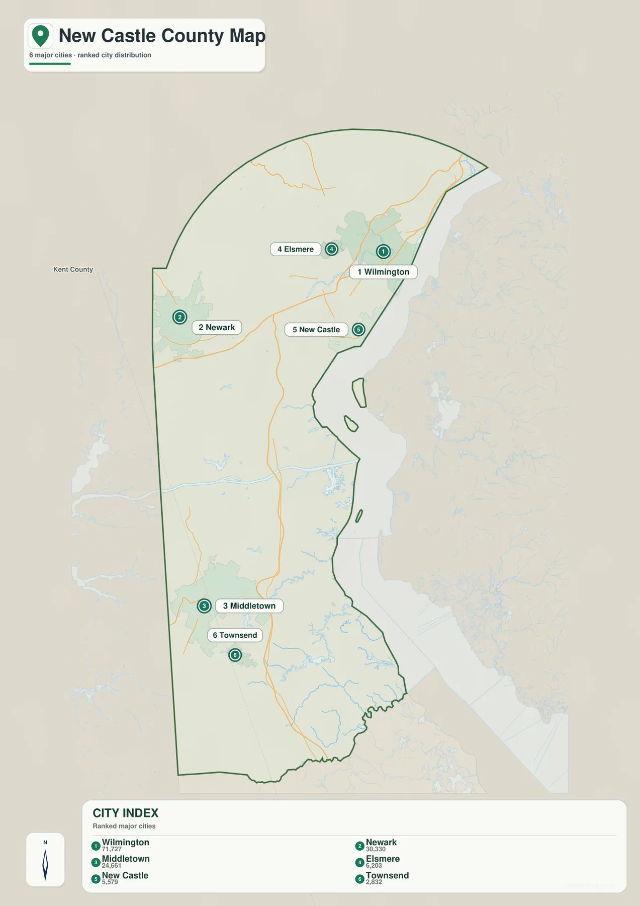 Wilmington, Newark, Middletown, Elsmere, New Castle, Townsend를 표시한 뉴캐슬 카운티 도시 지도