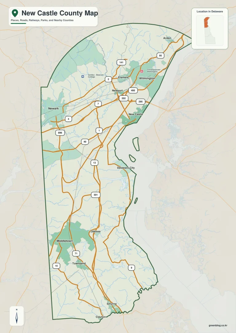 뉴캐슬 카운티(New Castle County) 지도 – I-95에서 Middletown까지, 도시와 물길