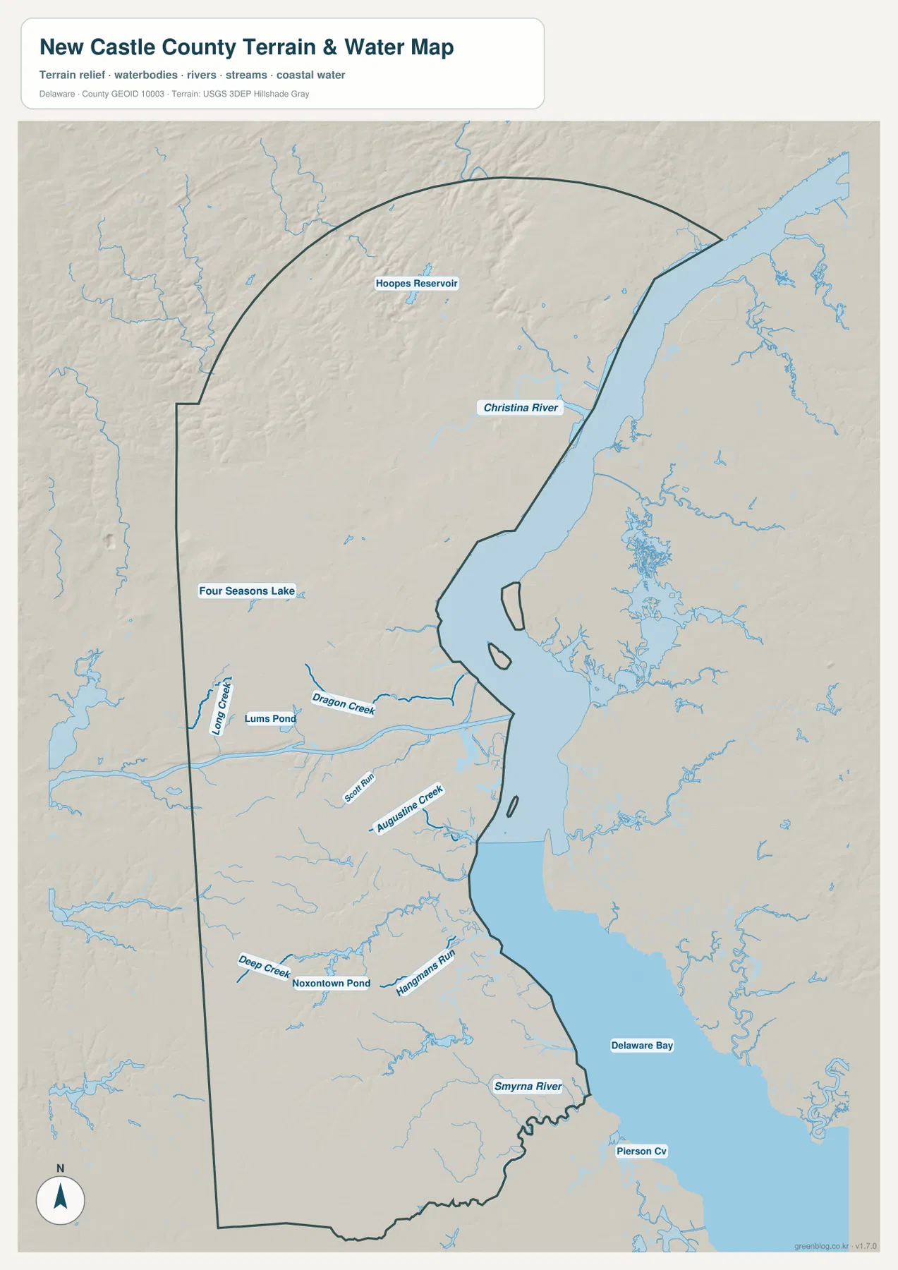 Christina River, Hoopes Reservoir, Lums Pond, Smyrna River와 Delaware Bay를 표시한 뉴캐슬 카운티 수역 지도