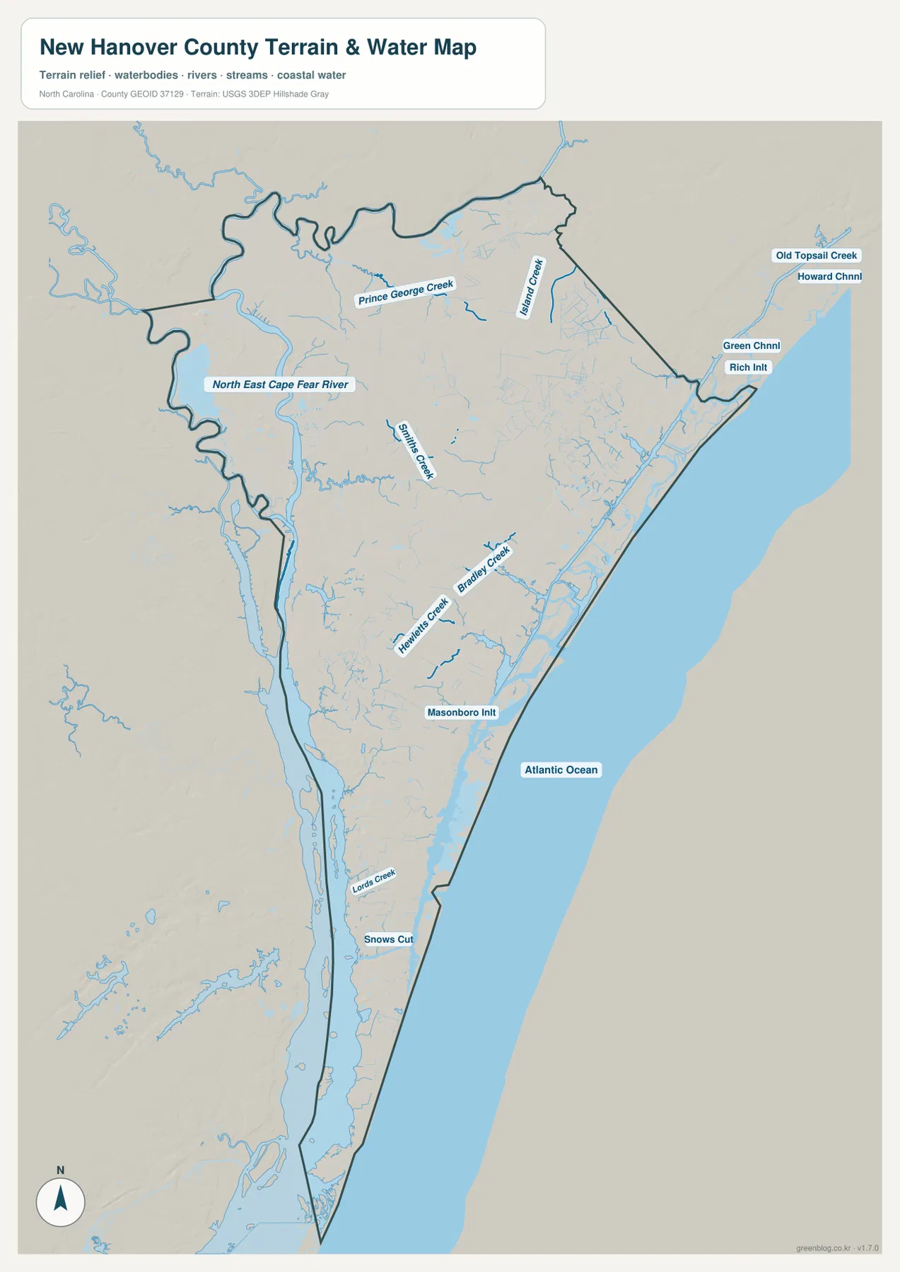 뉴해노버 카운티의 North East Cape Fear River, Smiths Creek, Hewletts Creek, Bradley Creek, Masonboro Inlet, Snows Cut과 대서양을 보여 주는 수역 지도
