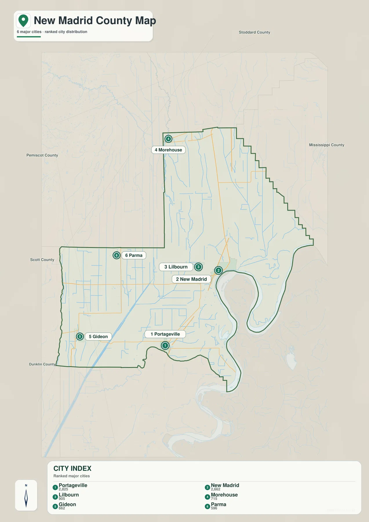 New Madrid County city map showing Portageville, New Madrid, Lilbourn, Morehouse, Gideon, and Parma