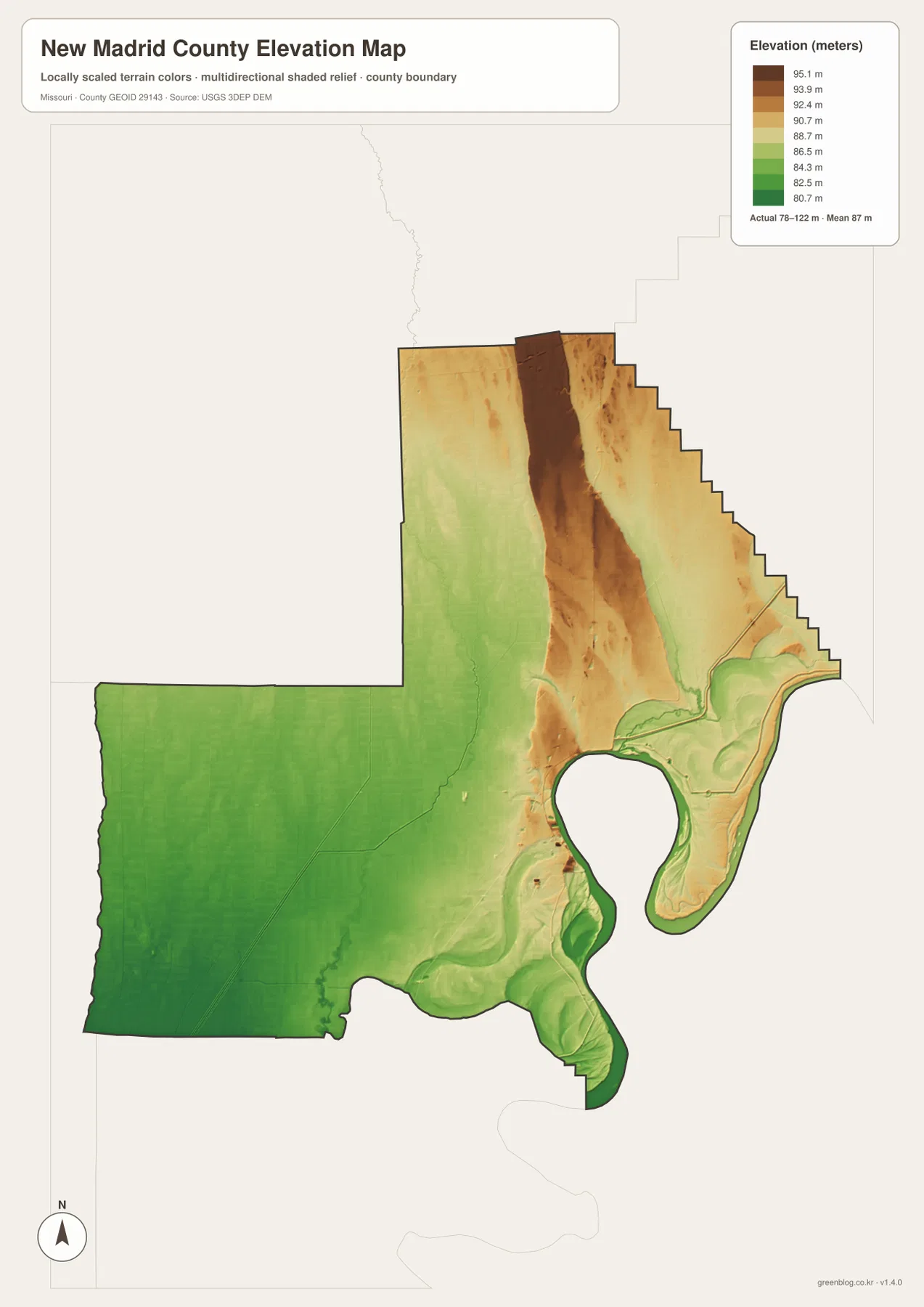 New Madrid County elevation map showing 78 to 122 meter relief, low western plains, Mississippi River floodplain, and relatively higher northern ground