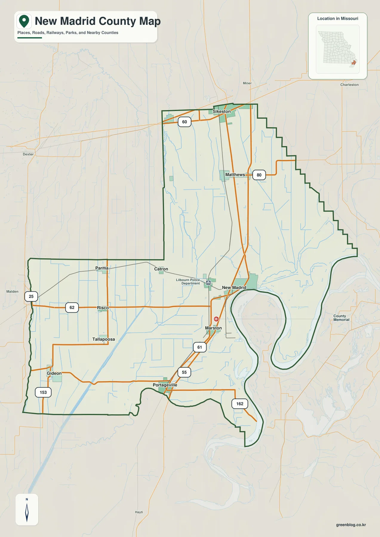 New Madrid County Missouri map showing New Madrid, Portageville, Parma, Gideon, U.S. 61, Route 62, and the Mississippi River boundary
