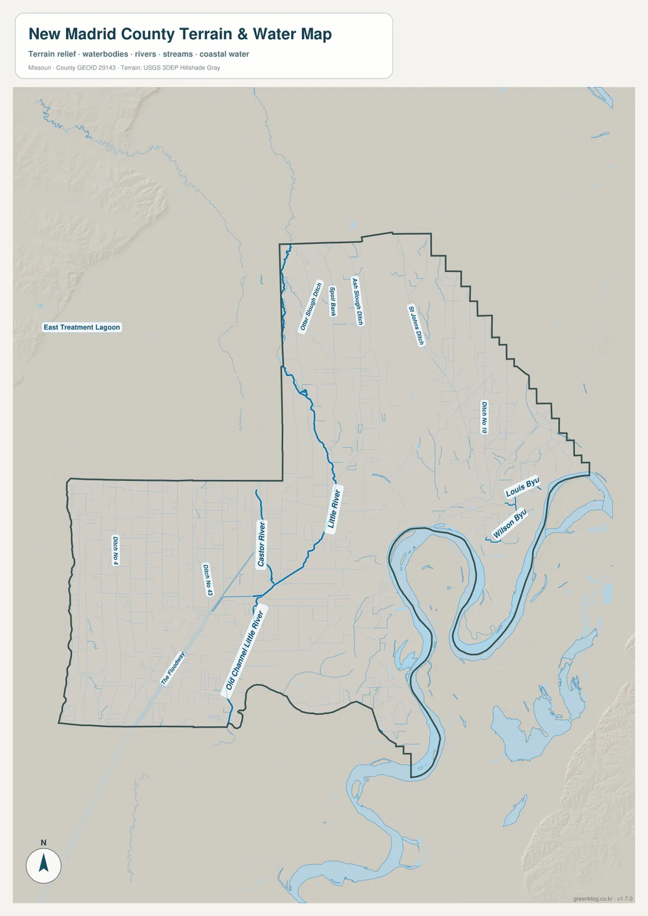 New Madrid County terrain and water map showing Little River, Castor River, Old Channel Little River, Mississippi River, Louis Bayou, and drainage ditches