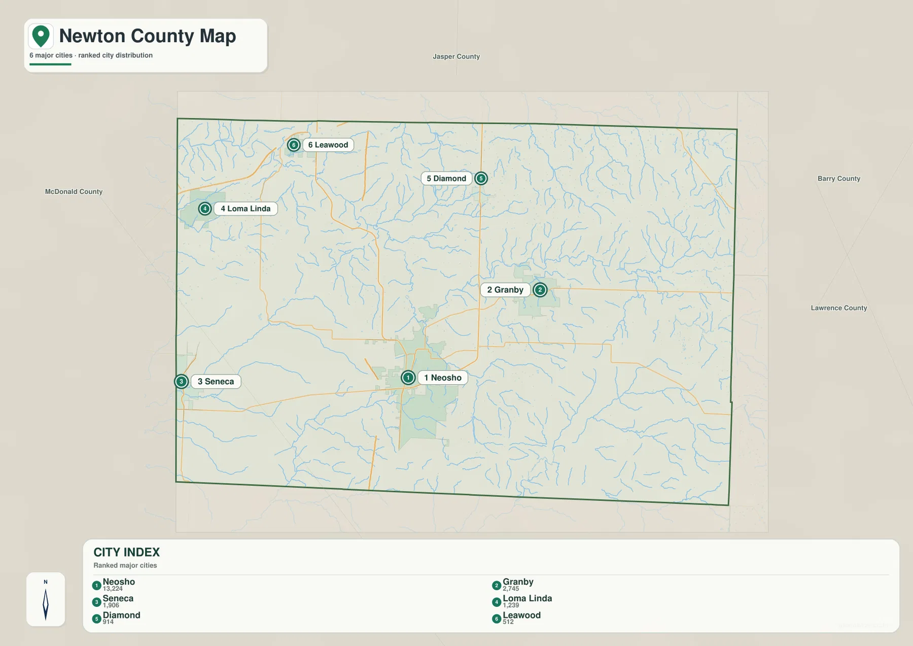 Newton County city map showing Neosho, Granby, Seneca, Loma Linda, Diamond, and Leawood