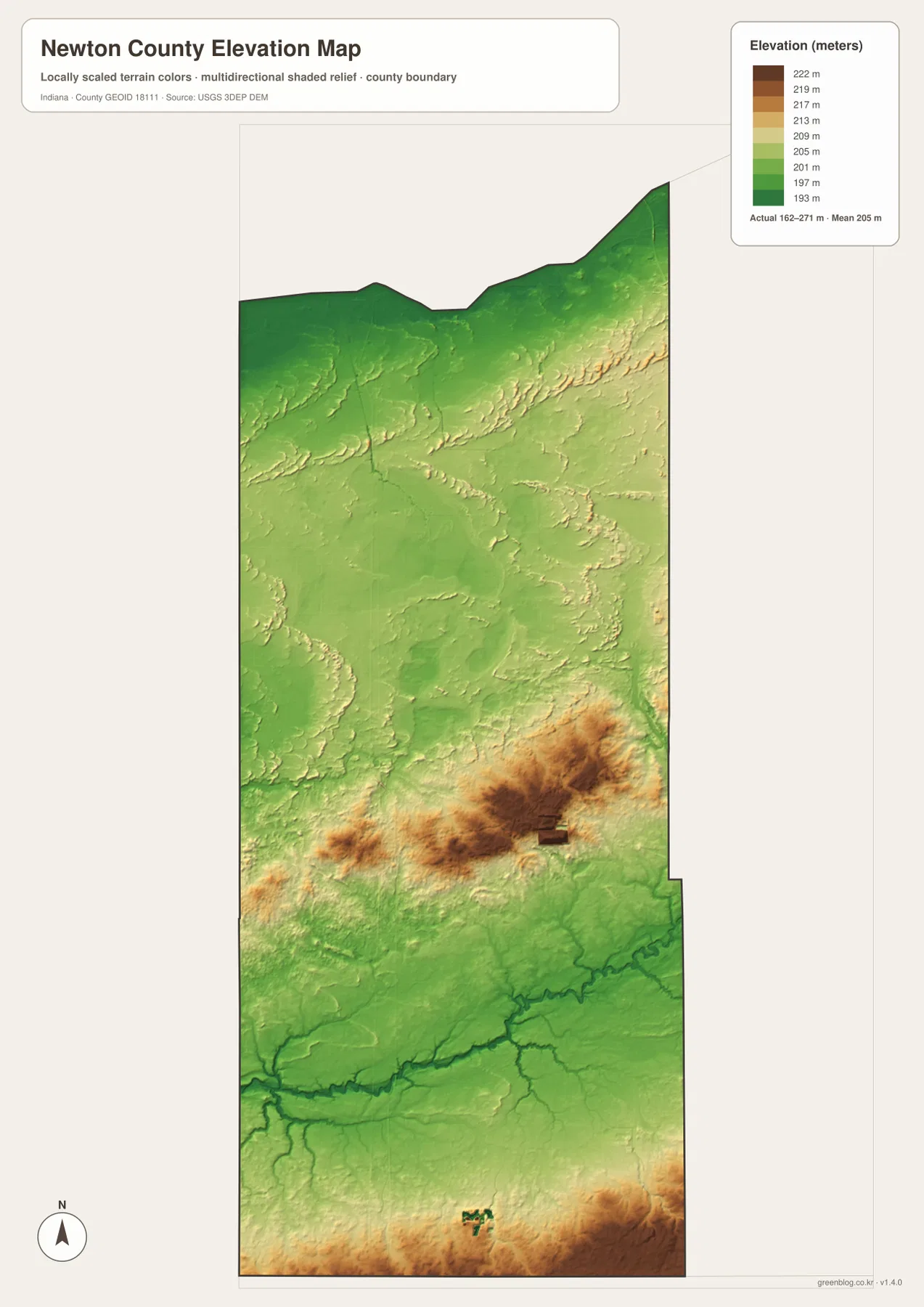 Newton County elevation map showing low green terrain in the north and Iroquois River valley with higher yellow-brown ground in the middle, east, and parts of the southern edge