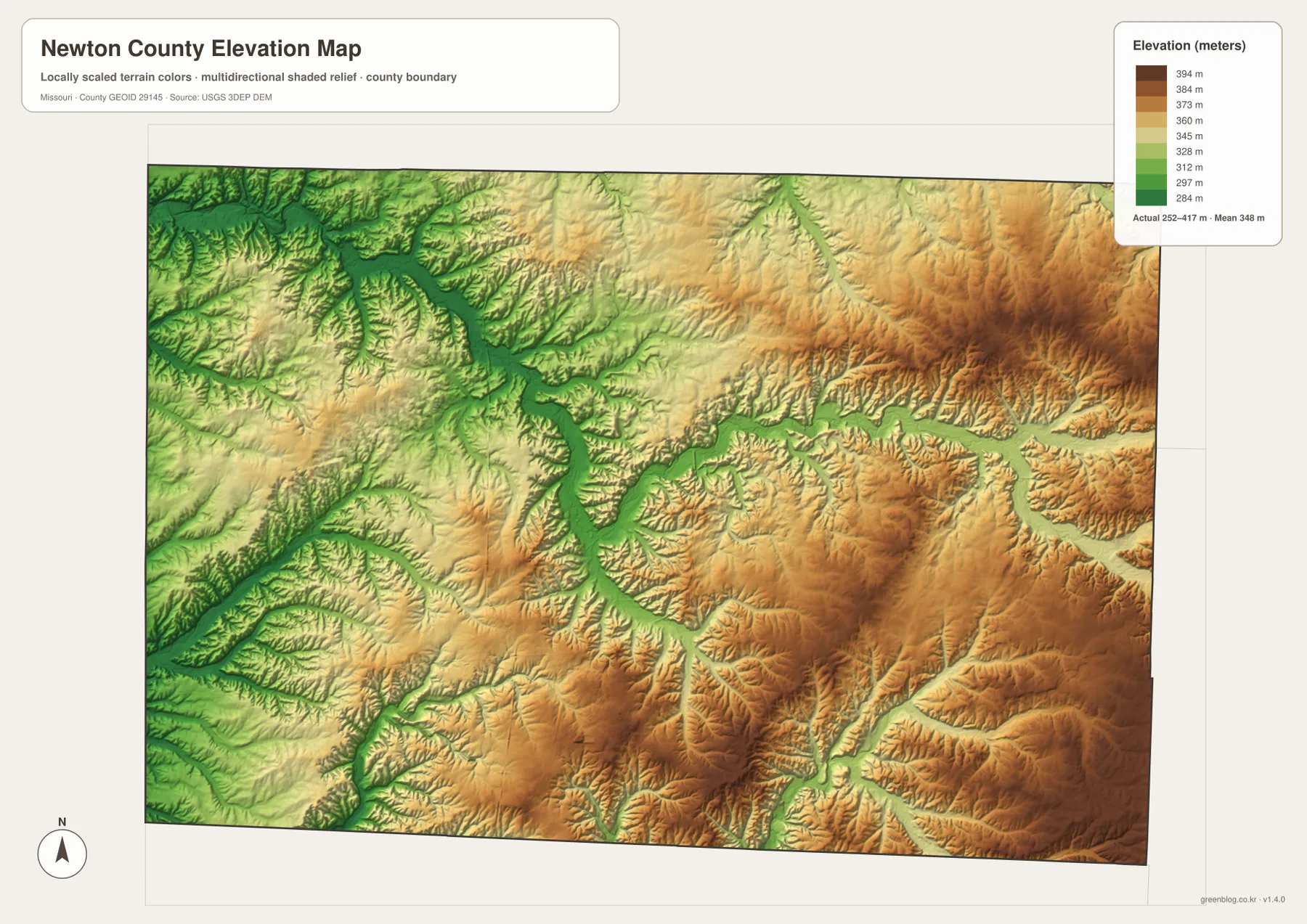 Newton County elevation map showing 252 to 417 meter relief, lower Shoal Creek valleys, and higher eastern and southeastern uplands