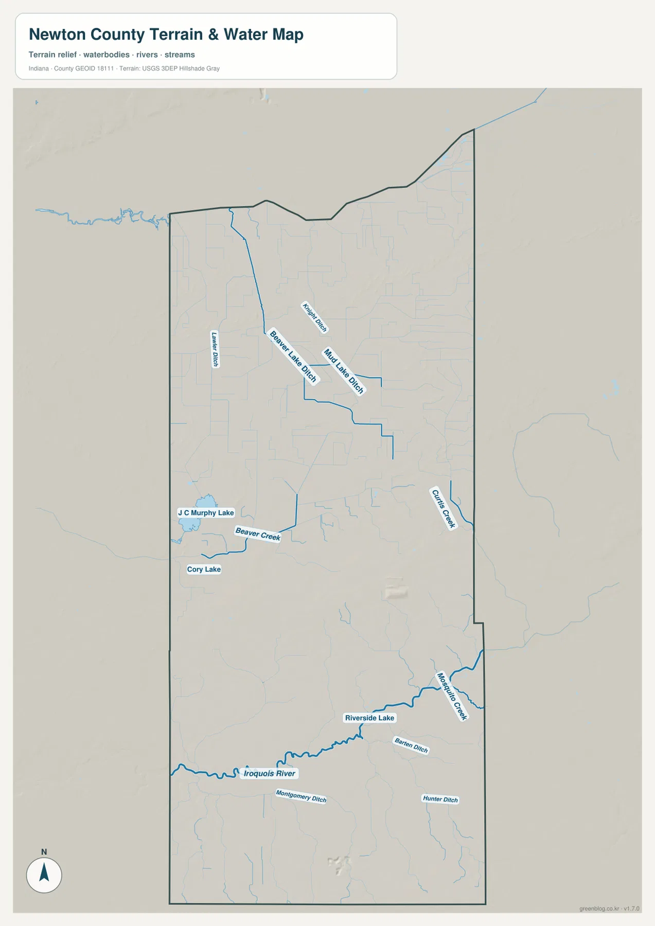 Newton County terrain and water map showing Iroquois River, J.C. Murphey Lake, Cory Lake, Beaver Creek, Curtis Creek, and multiple ditches