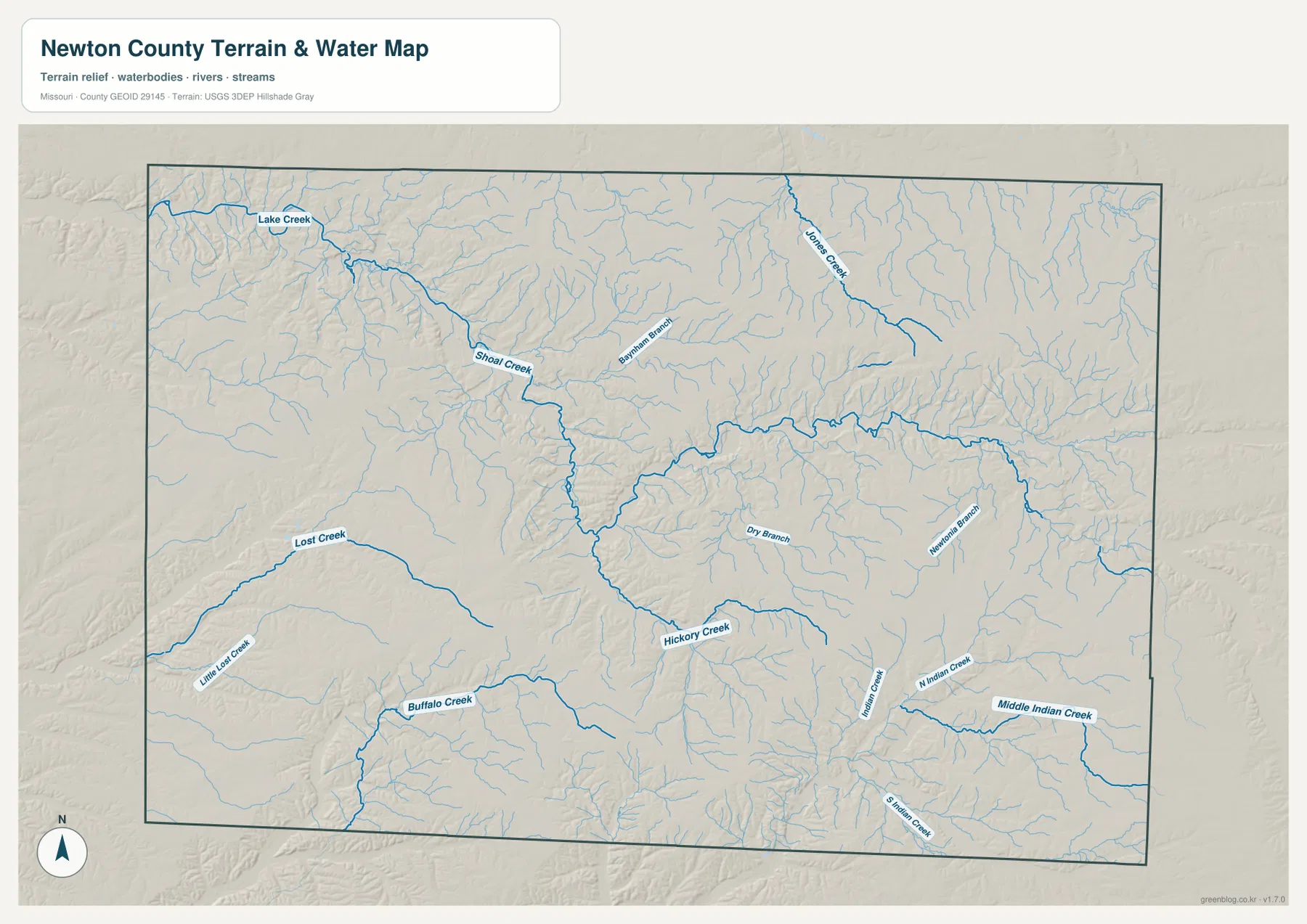 Newton County terrain and water map showing Shoal Creek, Lost Creek, Buffalo Creek, Hickory Creek, and the Indian Creek branches