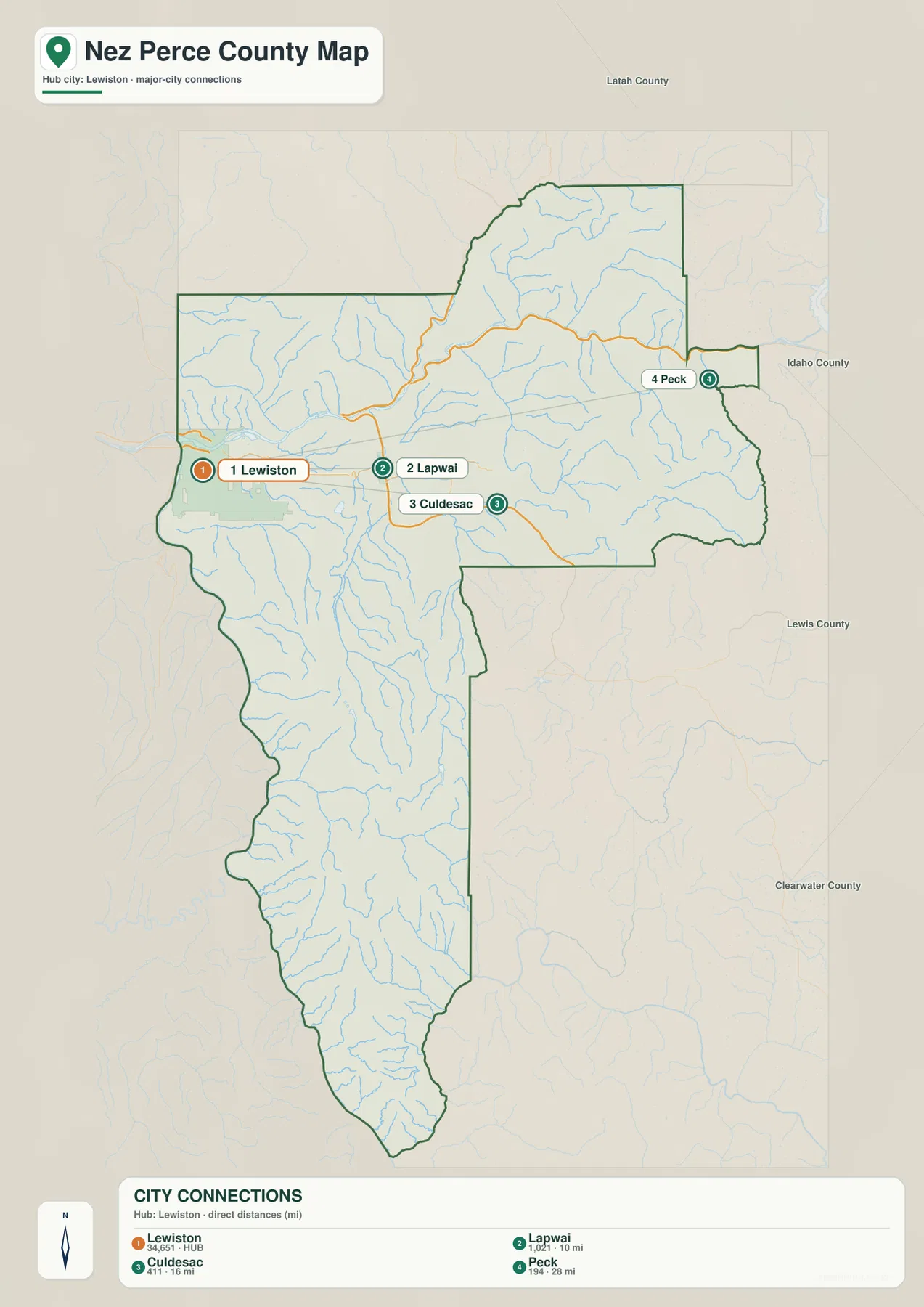 Nez Perce County city map with Lewiston as the hub and Lapwai, Culdesac and Peck