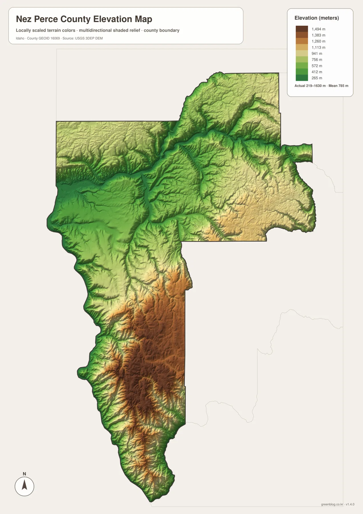 Nez Perce County elevation map showing terrain from about 219 to 1630 meters