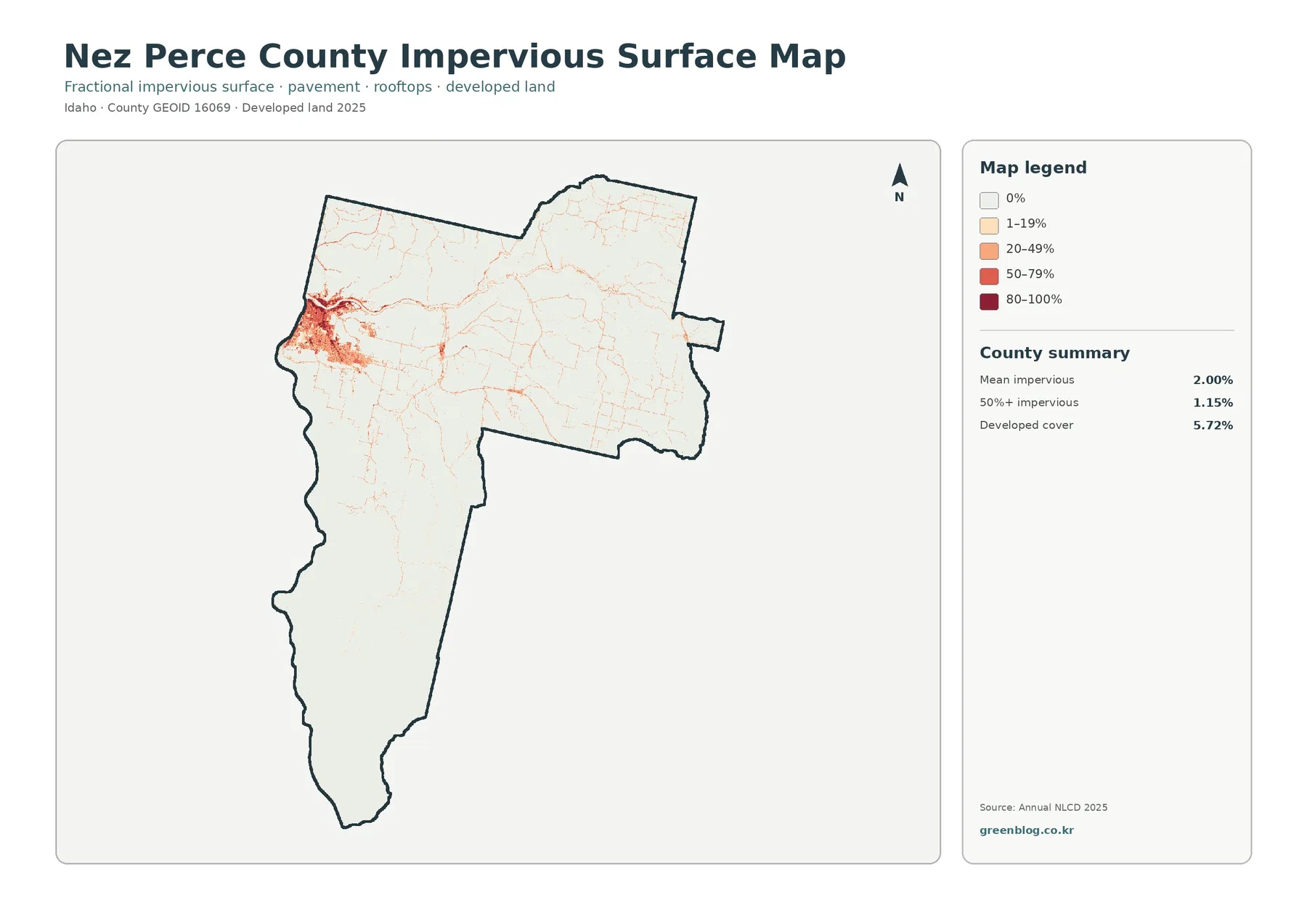 Nez Perce County 불투수·개발지 지도