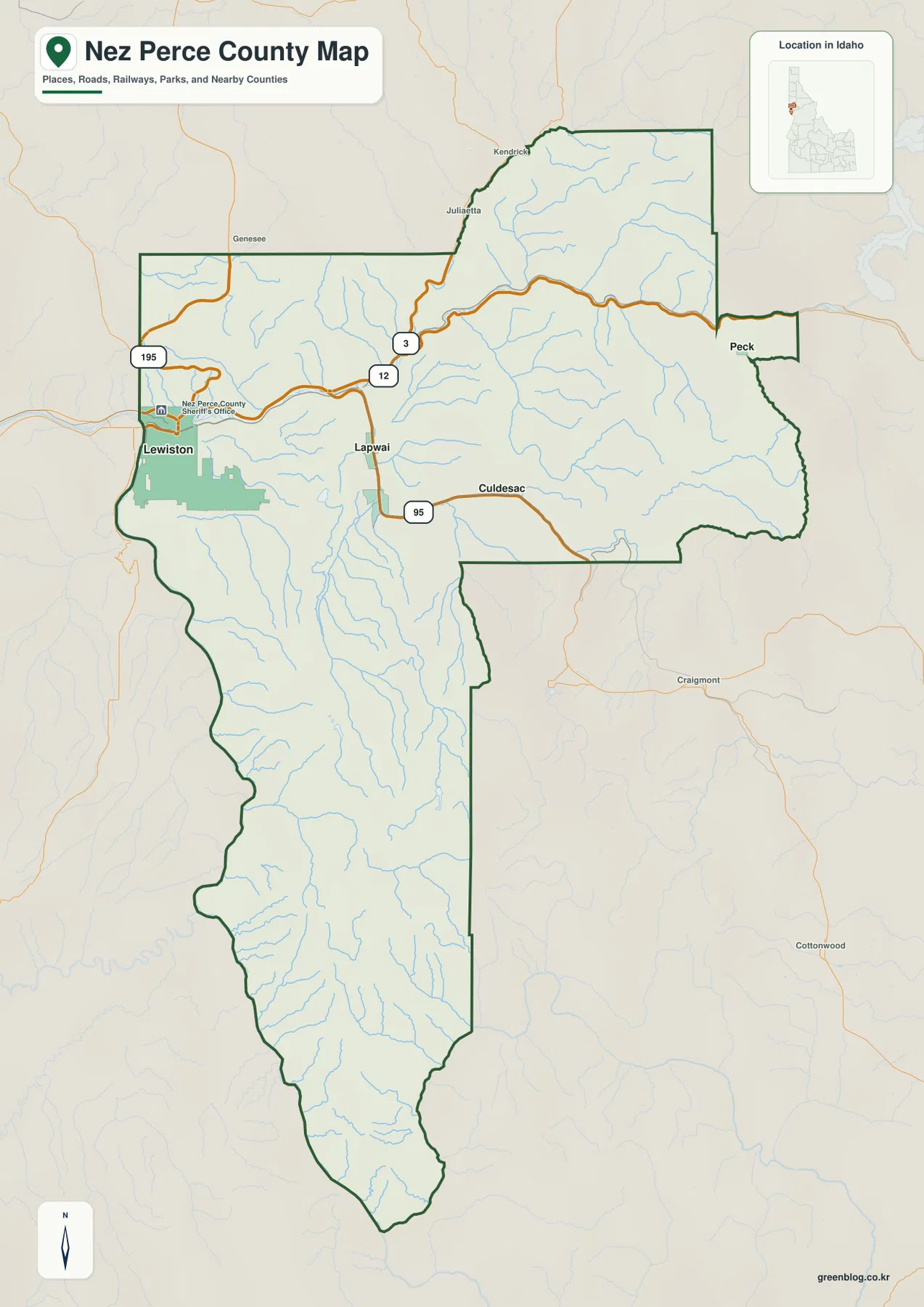 Nez Perce County map showing Lewiston, Lapwai, Culdesac, Peck and major roads
