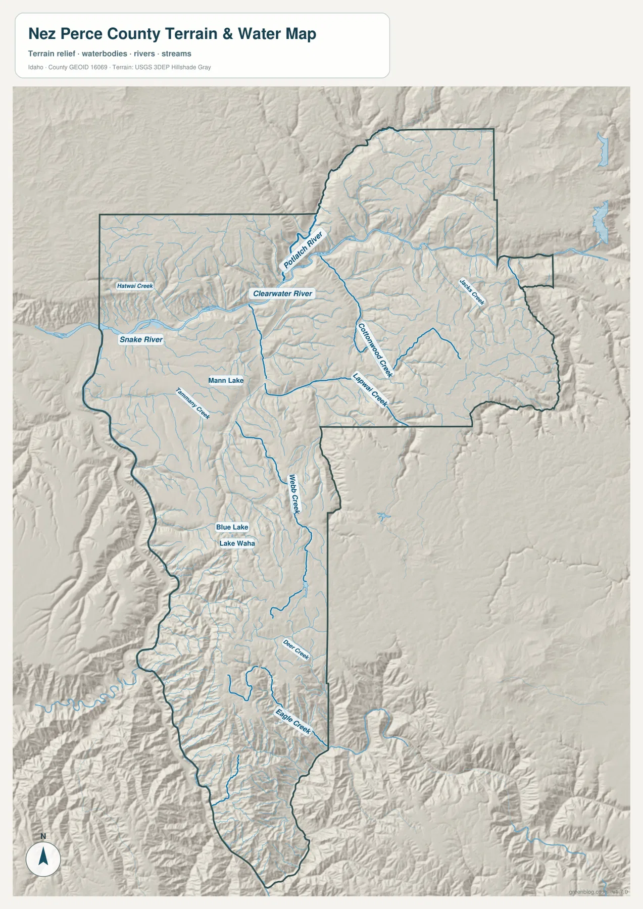 Nez Perce County terrain and water map showing the Clearwater River, Snake River, Potlatch River, Lapwai Creek and lakes