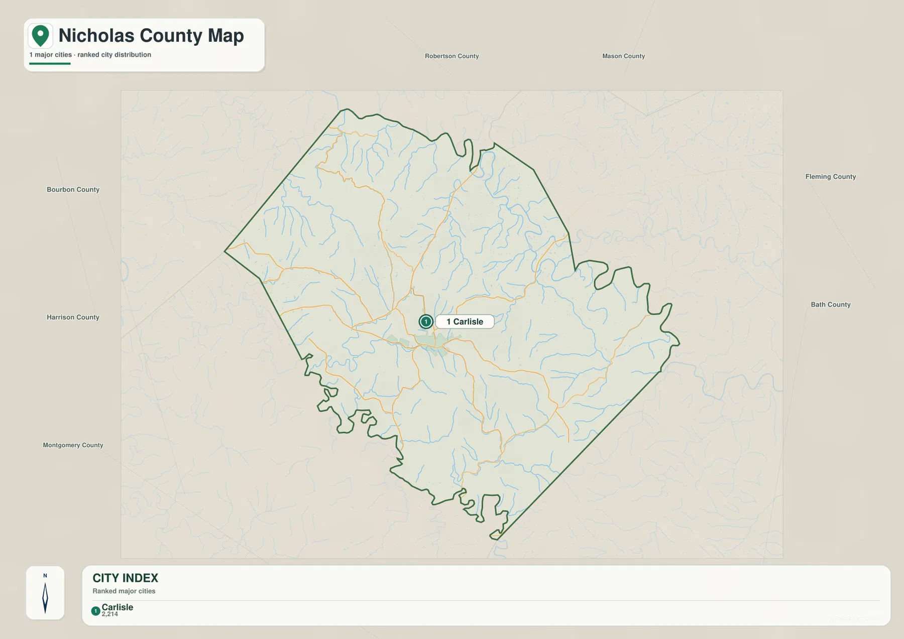 Nicholas County city distribution map showing Carlisle and neighboring Robertson, Mason, Fleming, Bath, Montgomery, Harrison, and Bourbon counties