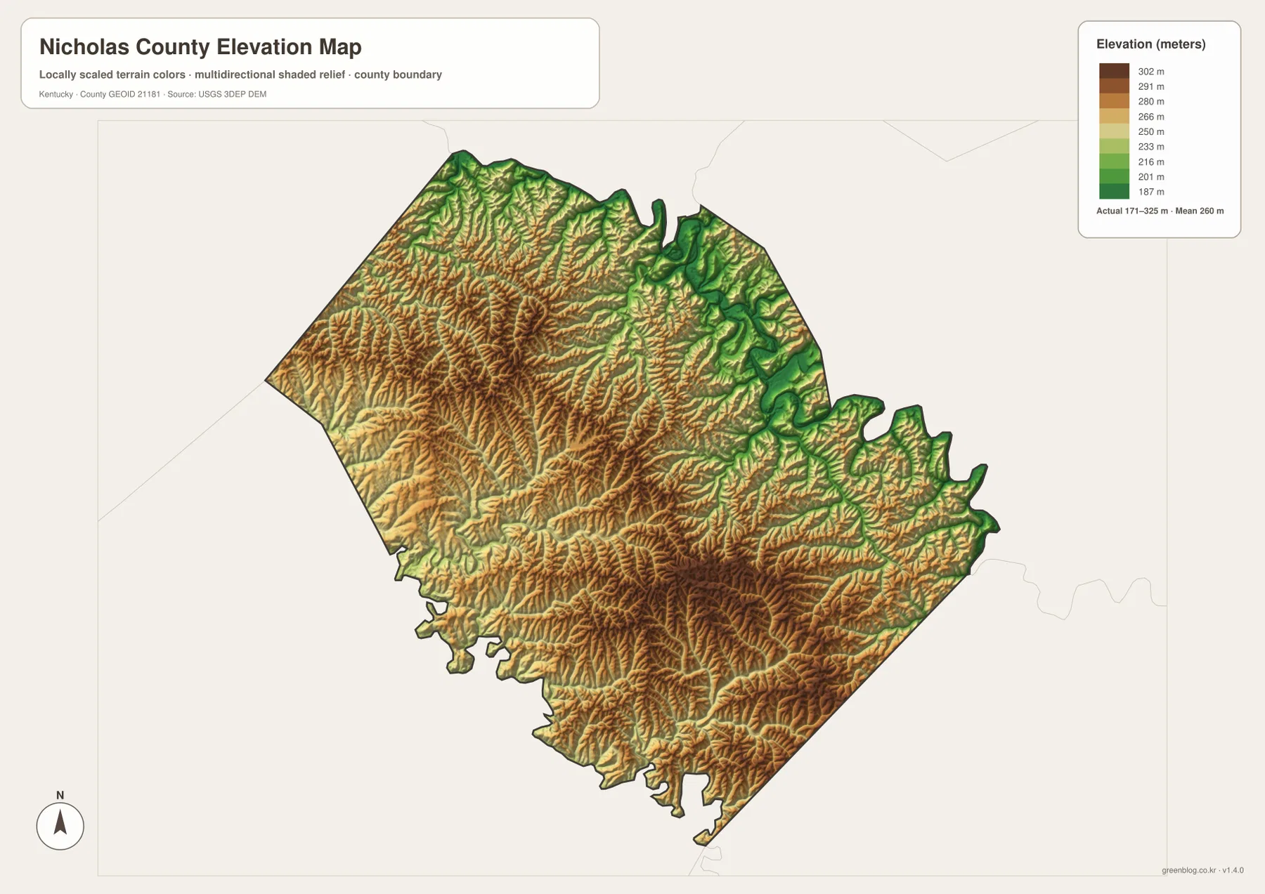 Nicholas County elevation map showing the 171 to 325 meter range, low Licking River corridors, and higher central and southern ridges